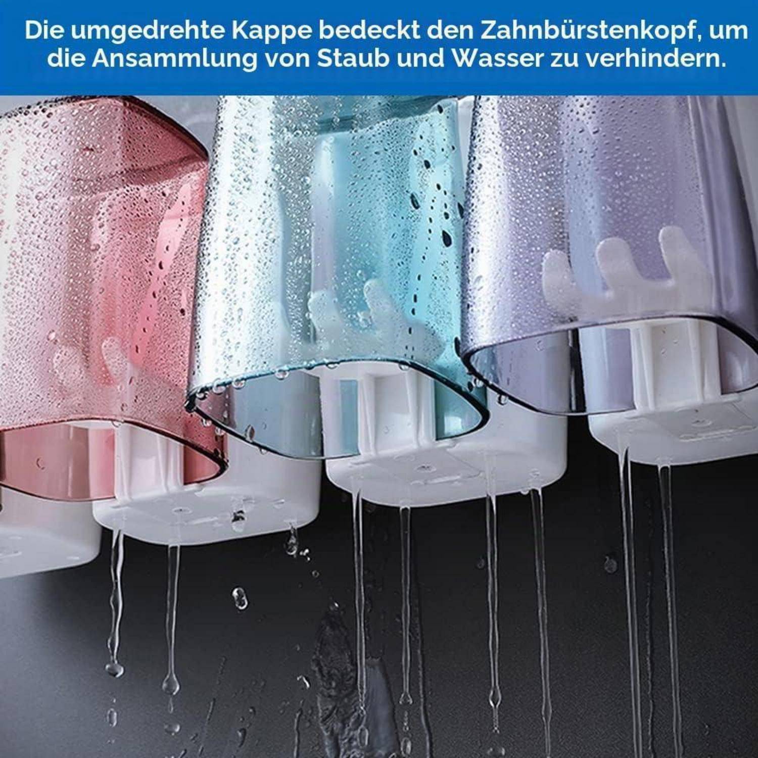 Drei umgestürzte Zahnburstenbezüge in Rosa, Blau und Lila mit deutschem Text, der erklärt, dass sie Bürstenköpfe vor Staub und Wasser schützen.