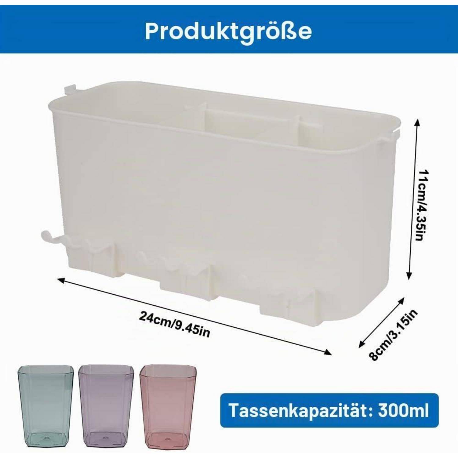 Produktgrößen-Diagramm eines durchsichtigen Kunststoffhalters: 24 cm breit, 11 cm hoch, 8 cm tief; Fassungsvermögen 300 ml; gezeigt mit drei farbigen Bechern.