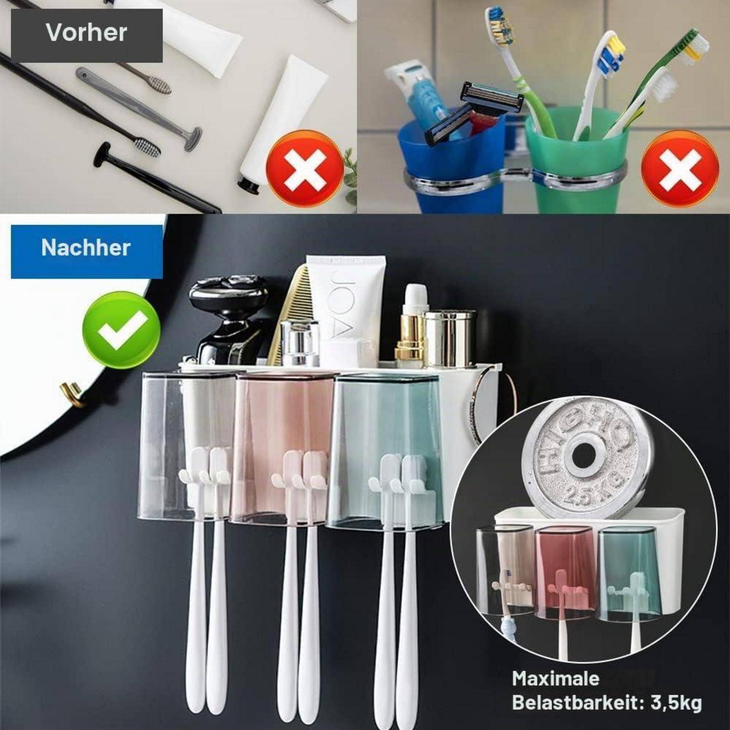 Badezimmerorganizer Vorher-Nachher: Lose Zahnbürsten und Toilettenartikel wurden durch wandmontierte Halter mit Schlitzen für Bürsten und Gegenstände ersetzt; maximale Belastung 3,5 kg.