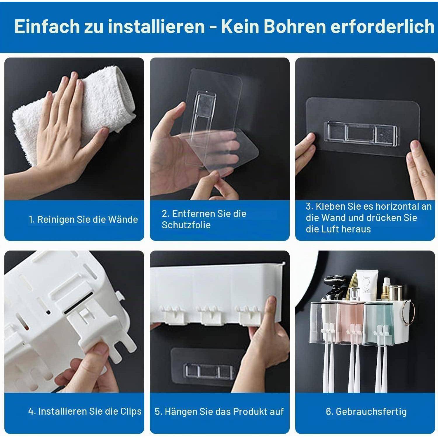 Installationsschritte für einen wandmontierten Organizer: Wand reinigen, Schutzfolie entfernen, Halterung anbringen, Clips installieren, Produkt aufhängen, einsatzbereit.