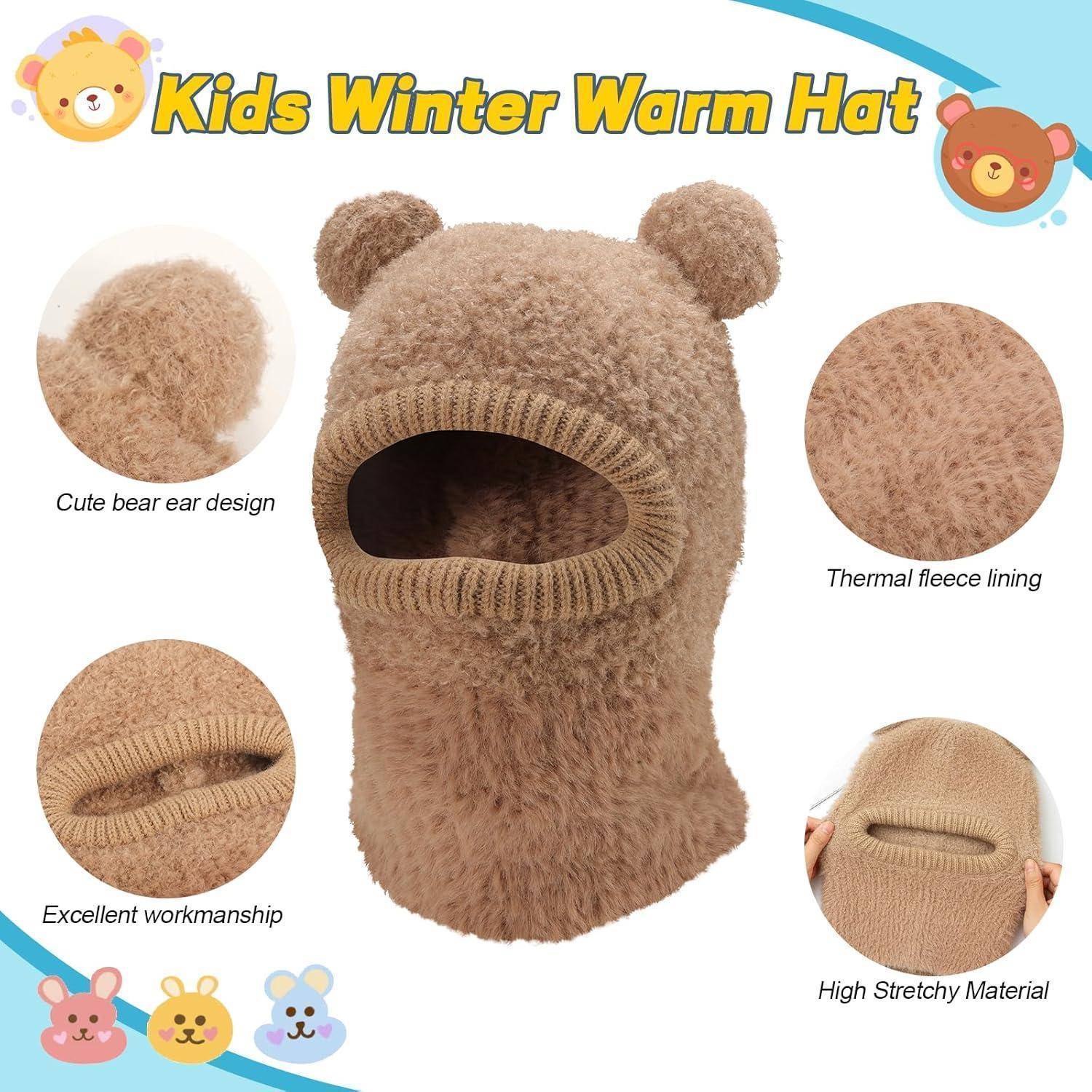 Wintermütze für Kinder mit Bärenohren, gezeigt mit Nahaufnahmen, die das süße Design mit Bärenohren, die wärmende Fleecefütterung, die ausgezeichnete Verarbeitung und das hochelastische Material hervorheben.