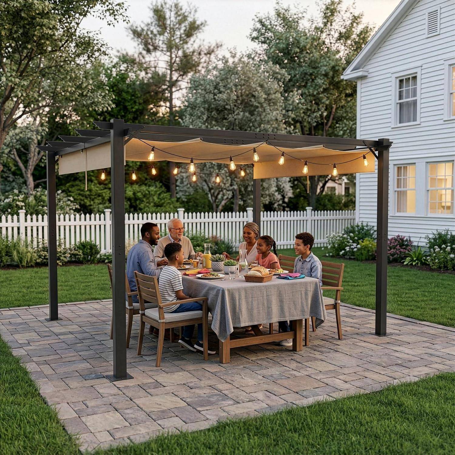 Eine fünfköpfige Familie teilt sich eine Mahlzeit an einem Esstisch im Freien unter einer Pergola mit hängenden Lichtern auf einer Terrasse im Hinterhof.