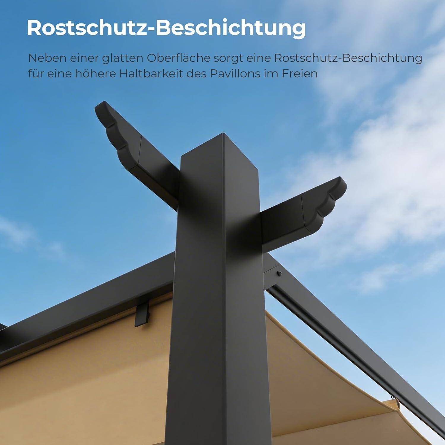 Schwarzer Pavillonpfosten mit Rostschutzschicht; deutscher Text sagt, dass die Beschichtung und glatte Oberfläche die Haltbarkeit im Außenbereich erhöhen.