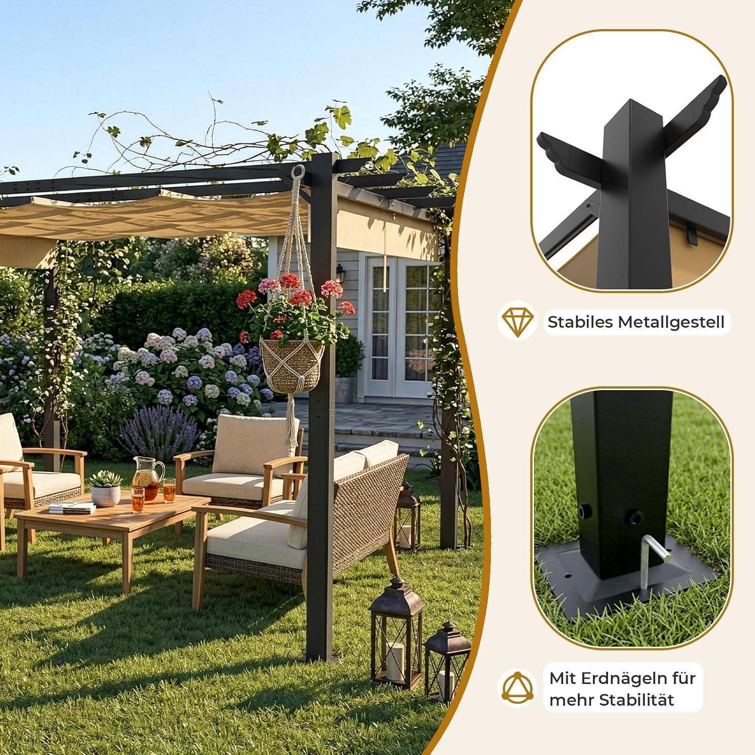 Gartenlaube im Freien mit Sitzplätzen und hängenden Pflanzen; Detailaufnahmen zeigen ein stabiles Metallgestell und Erdnägel für zusätzliche Stabilität, mit deutschen Beschriftungen „Stabiles Metallgestell" und „Mit Erdnägeln für mehr Stabilität"
