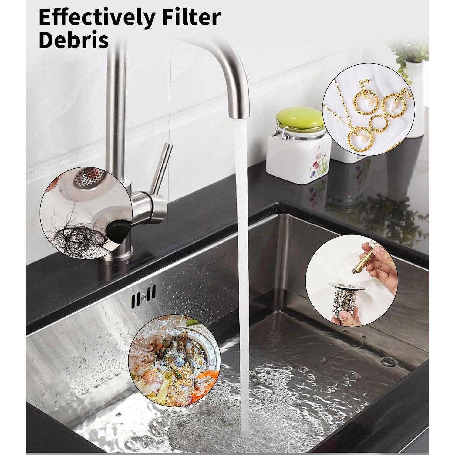 Küchenspüle mit Wasserhahn und Ablaufsieb-Einsatz, der effektiv Haare und Schmutz auffängt, während Wasser in die Spüle fließt.
