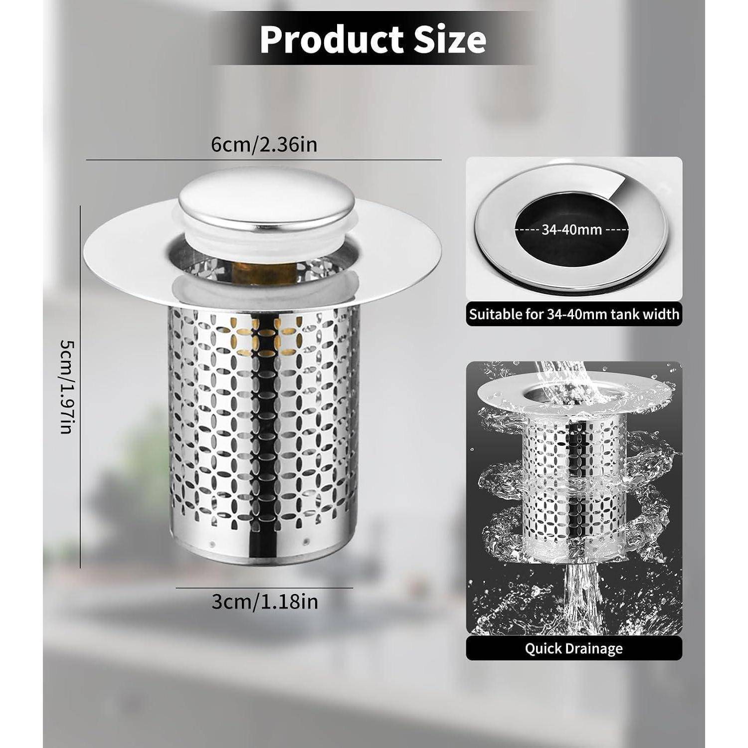 Produktgrößendiagramm eines Edelstahl-Spülbeckenablauf-Siebs: 6 cm breit, 5 cm hoch, 3 cm Basis, geeignet für 34-40 mm Tankbreite, mit schneller Entwässerung.
