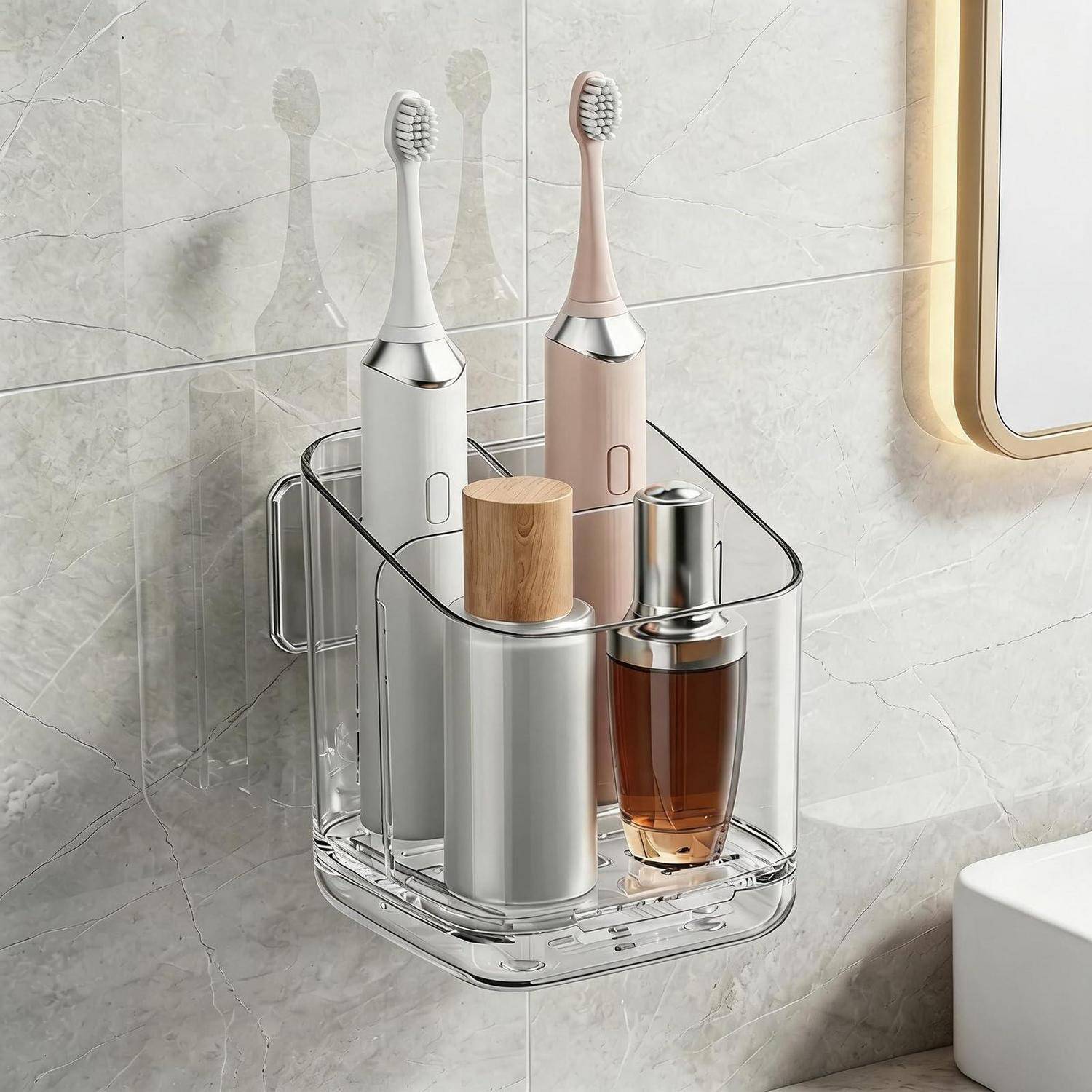 Wandmontierter transparenter Badezimmerorganizer, der zwei elektrische Zahnbürsten und zwei Toilettenartikelflaschen neben einem Waschbecken und Spiegel hält.