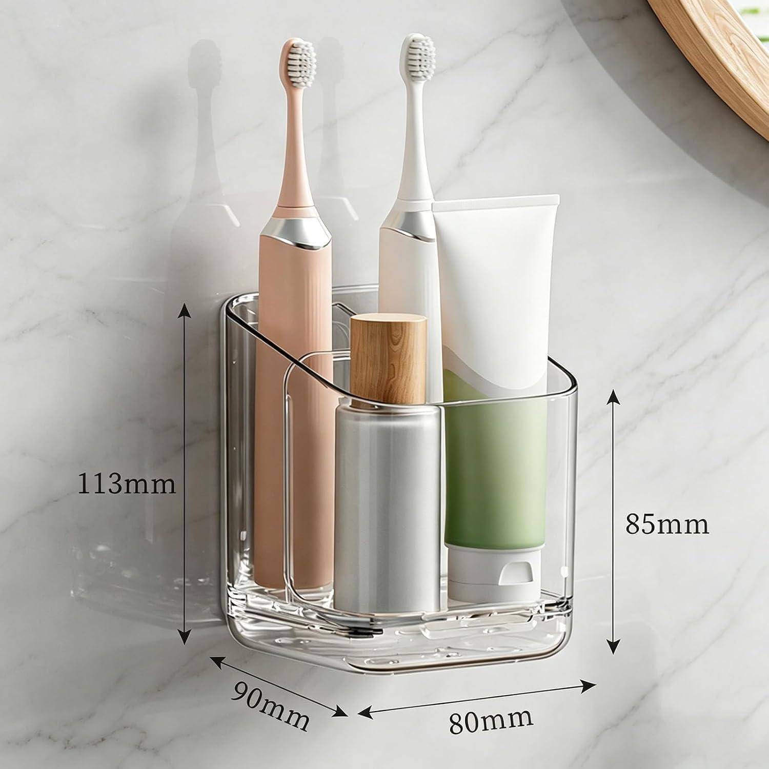 Transparenter Badorganizer mit zwei Zahnbürsten, Zahnpasta und einem Behälter; beschriftete Abmessungen zeigen 113 mm Höhe, 90 mm Tiefe, 80 mm Breite und 85 mm innere Höhe.