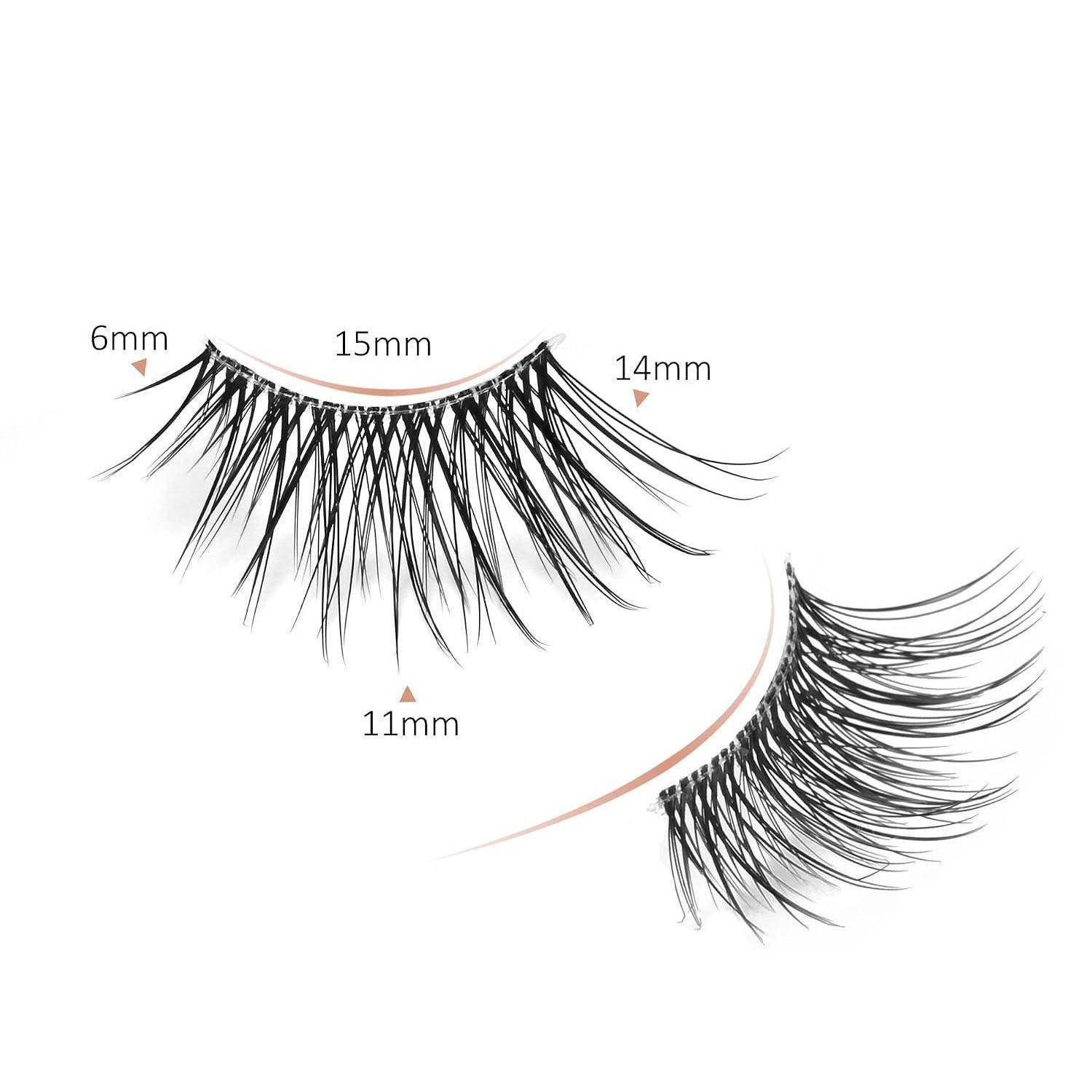 Produktbild von zwei Streifen künstlicher Wimpern mit Längenbeschriftungen 6mm, 15mm, 14mm und 11mm auf weißem Hintergrund.
