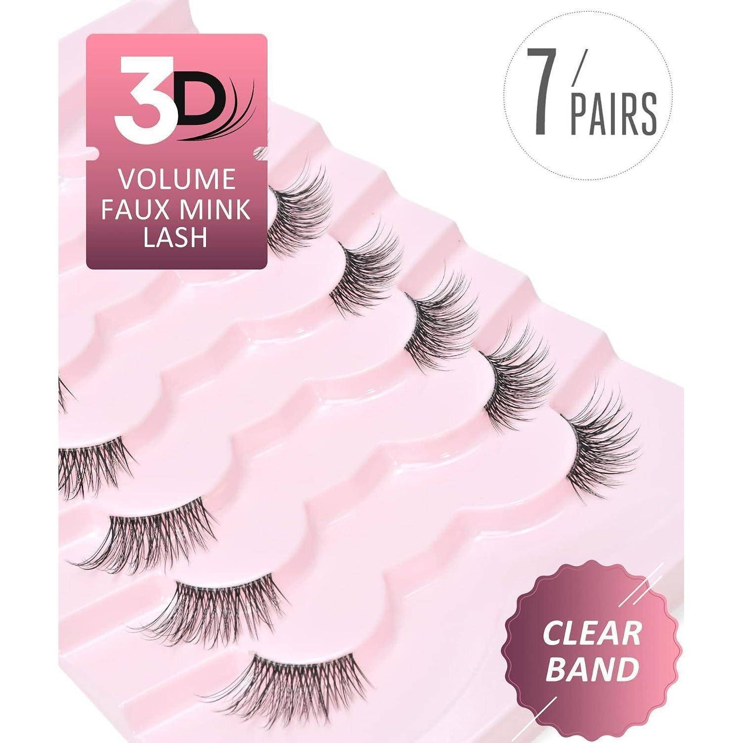 Paket mit 7 Paar 3D-Volumen-Kunstmink-Wimpern mit transparentem Band, präsentiert in rosa Tablett-Verpackung.