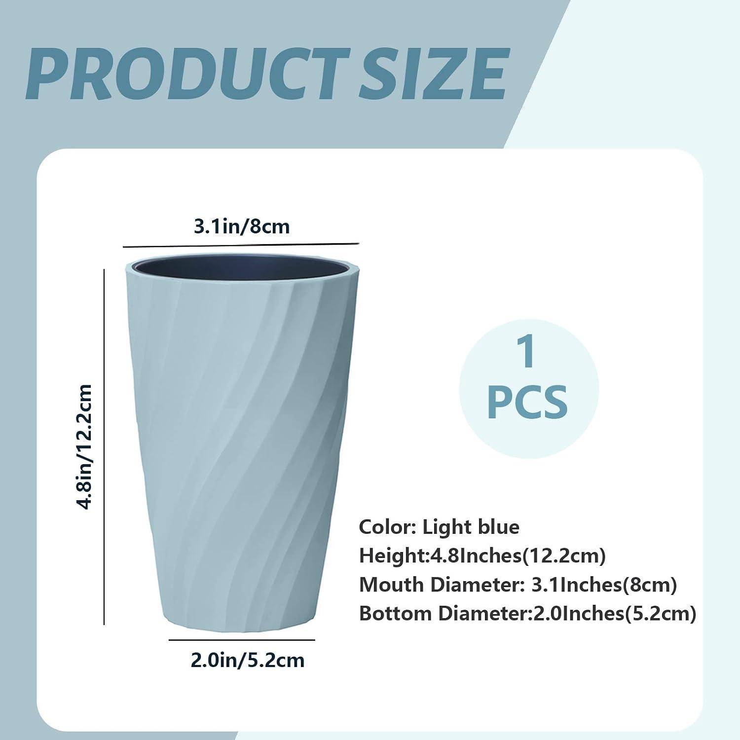 Größentabelle für einen hellblauen Becher: Höhe 4,8 Zoll, Öffnungsdurchmesser 3,1 Zoll, Bodendurchmesser 2,0 Zoll.