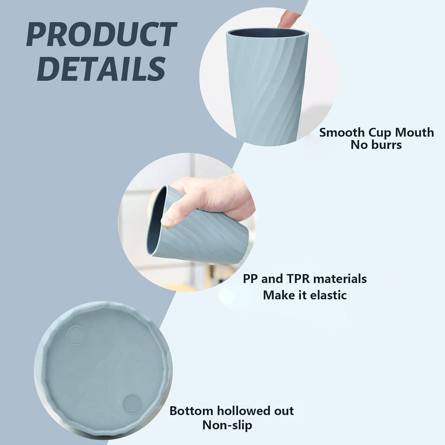 Produktdetail-Grafik, die einen flexiblen grauen Becher mit glattem Rand, elastischen PP- und TPR-Materialien und einem hohlen rutschfesten Boden zeigt.
