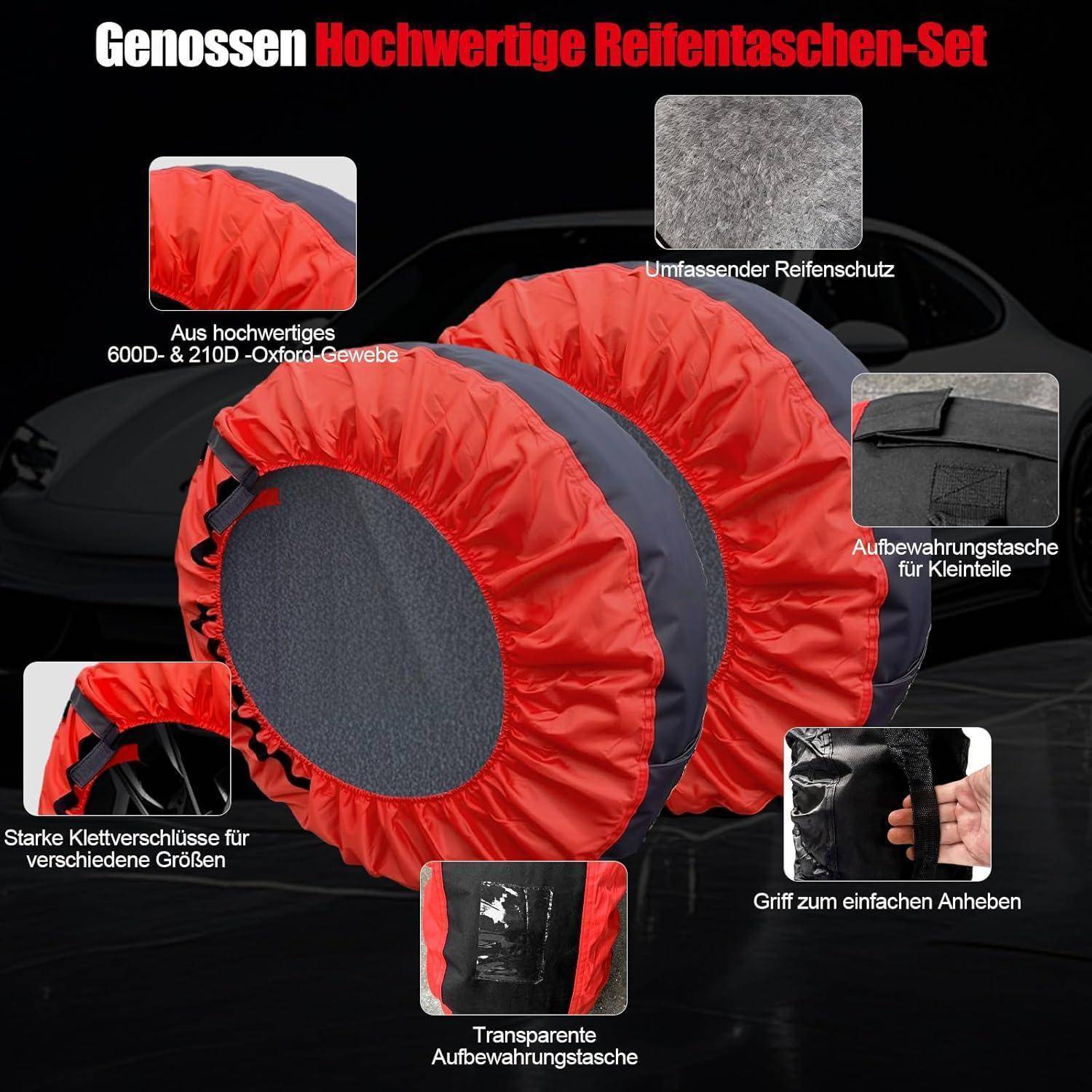 Werbebild von rot-grauen Reifenlagertaschen mit Funktionsbeschreibungen: langlebiges Oxford-Gewebe, vollständiger Reifenschutz, Zubehörtasche, Griffe und starke Klettverschlüsse.