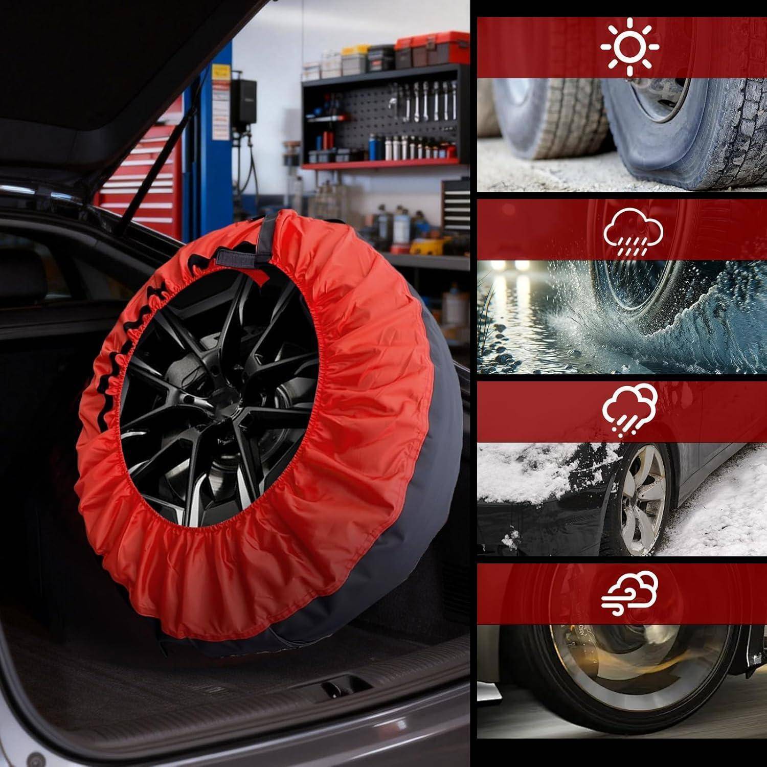 Rote Radkappe auf einem Autoreifen in einer Garage, mit Seitenpaneelen, die Symbole für Sonne, Regen, Schnee und Wind zeigen und allwetterschutz andeuten.