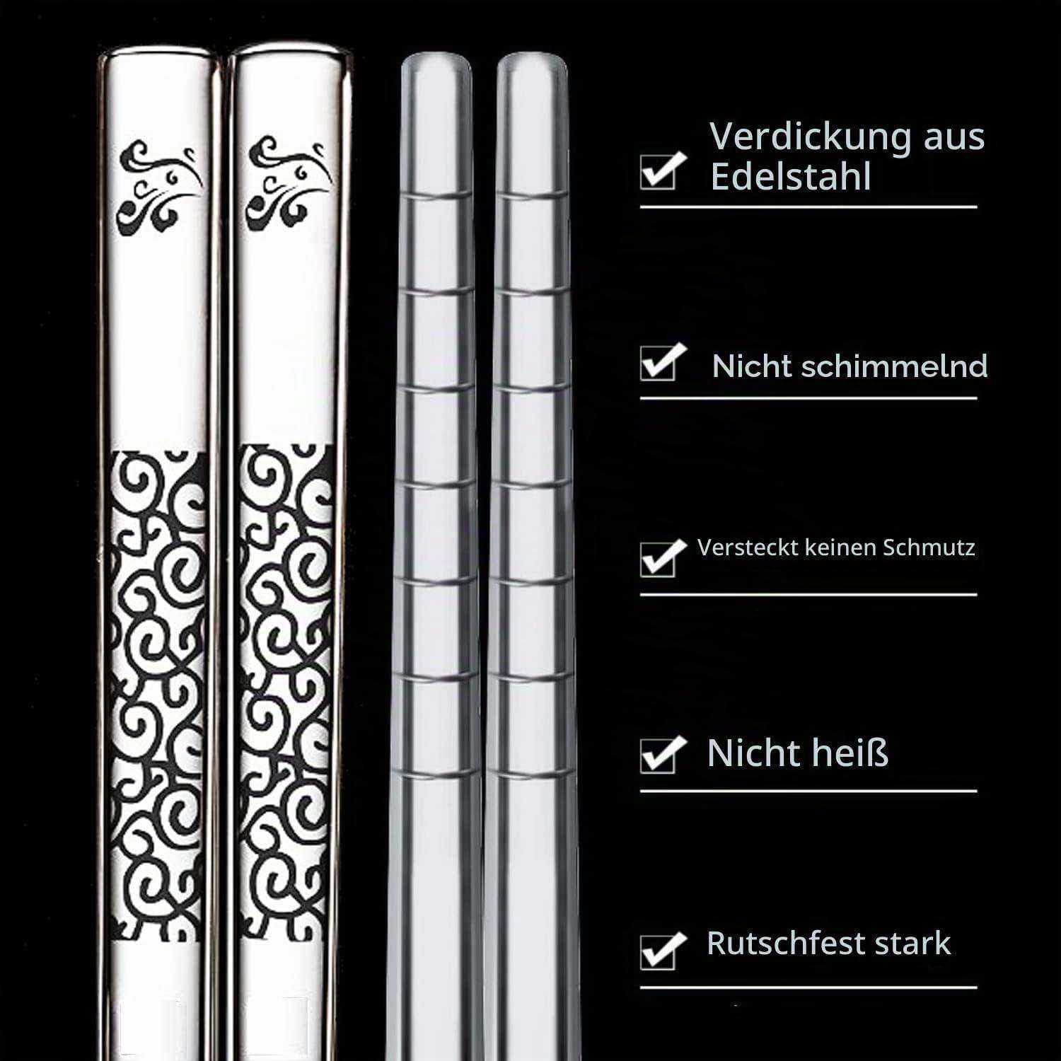 Zwei dekorative Metallstäbchen nebeneinander gezeigt, eines graviert weiß und eines silber, mit deutschen Häkchen-Merkmalen: 'Verstärkung aus Edelstahl', 'Nicht schimmelnd', 'Versteckt keinen Schmutz', 'Nicht heiß', 'Rutschfest stark'.