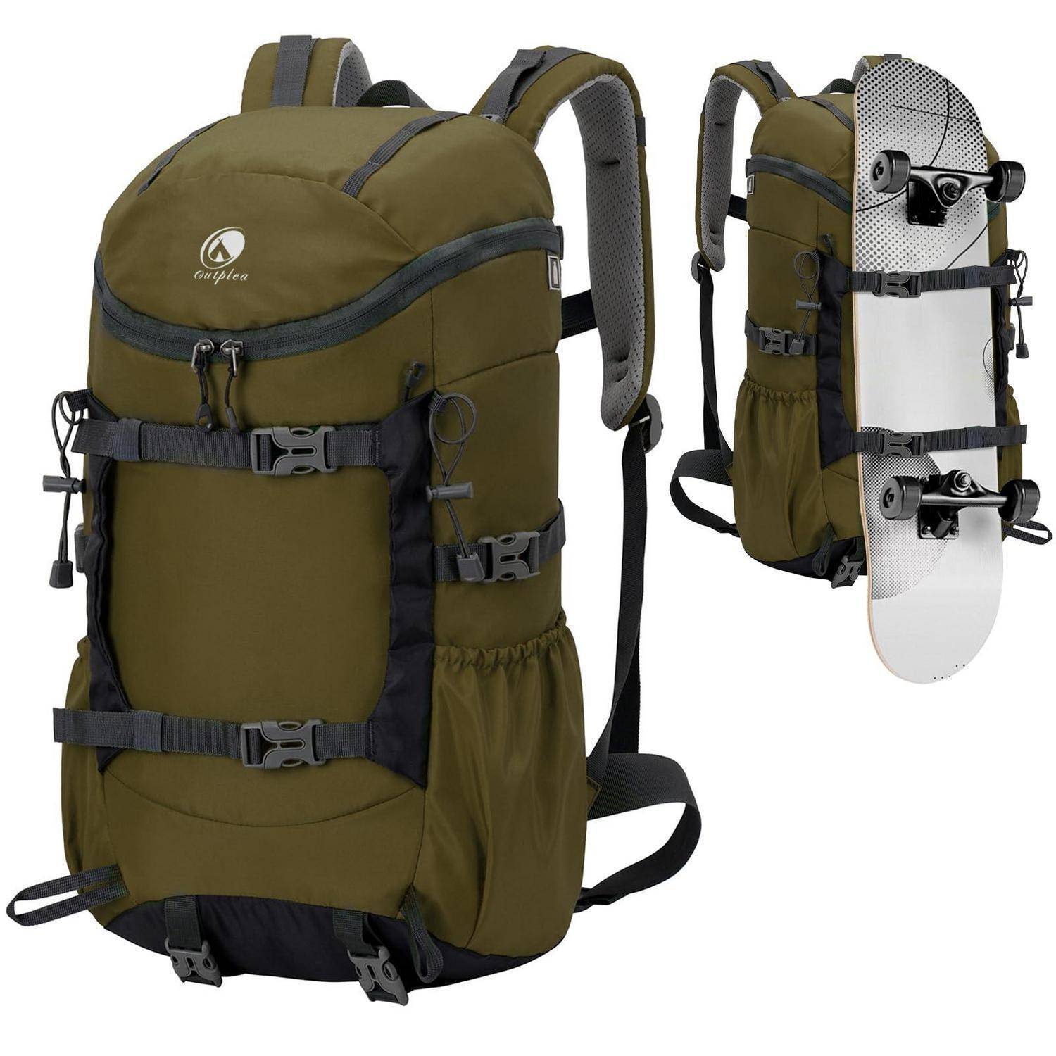 Olivgrüner Rucksack mit Snowboard-Befestigungsgurten, von vorne und von hinten gezeigt, konzipiert zum externen Transportieren eines Snowboards.