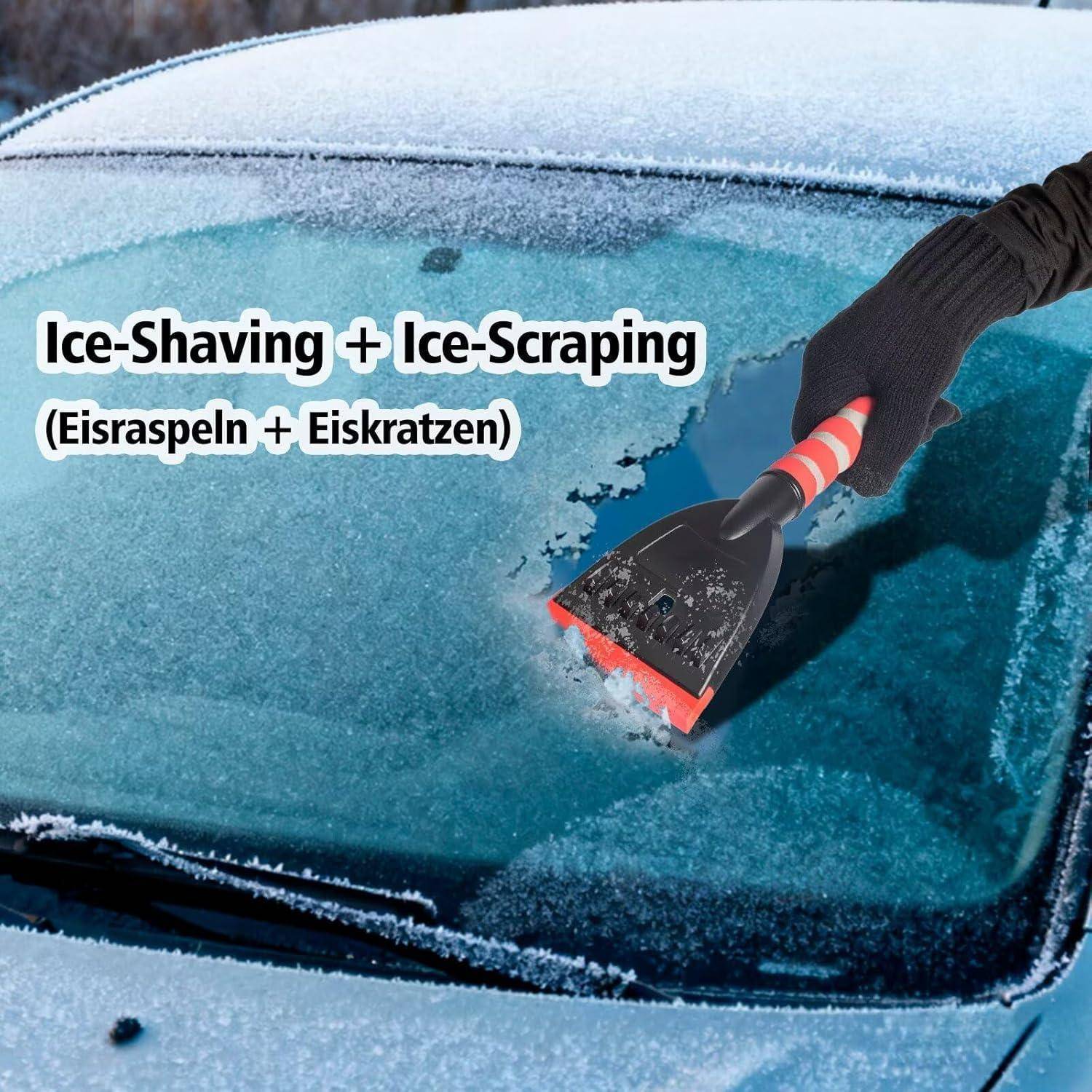 Behandschuhte Hand schabt Reif von einer Autoscheibe mit einem Eiskratzer ab; Text lautet „Ice-Shaving + Ice-Scraping (Eisraspeln + Eiskratzen)