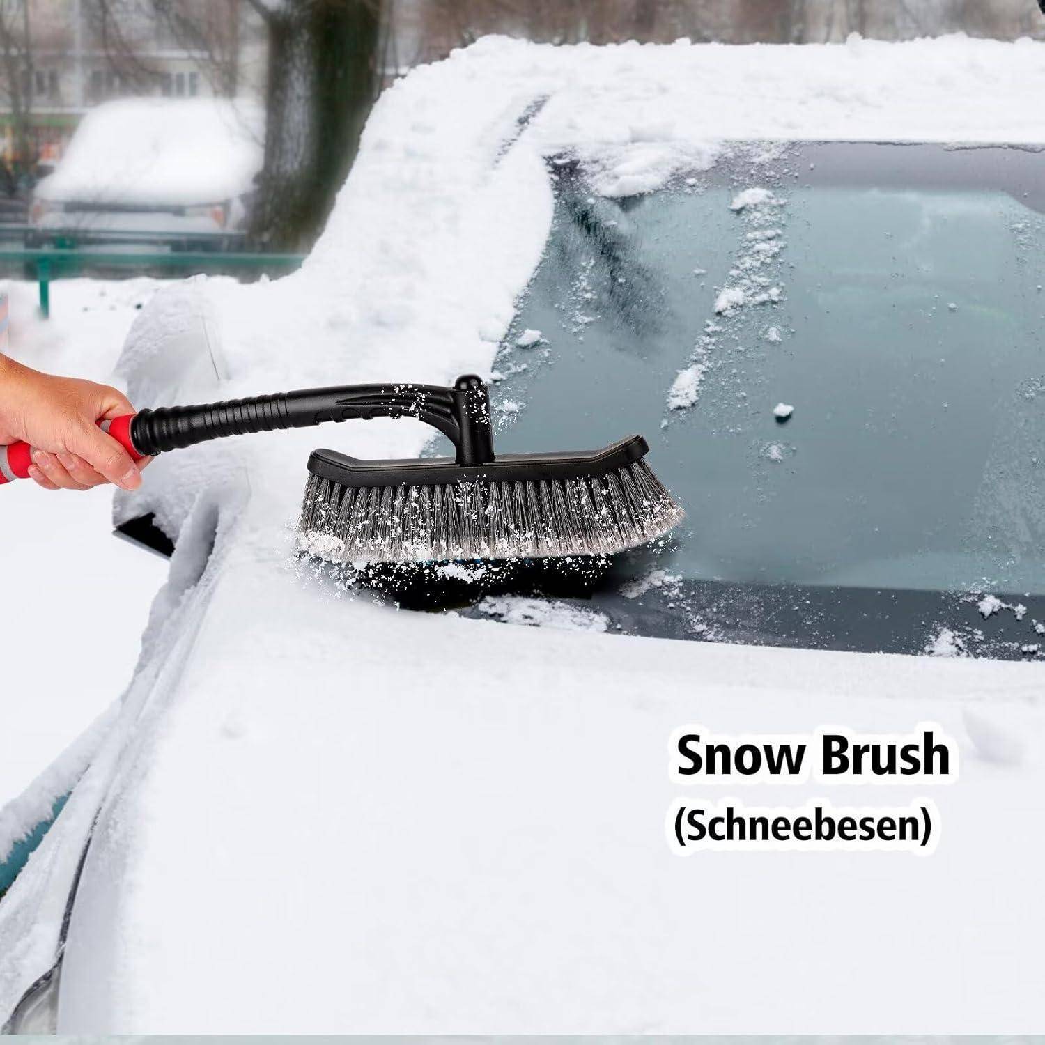 Hand, die einen Schneebesen verwendet, um Schnee und Eis von einer Autoscheibe zu entfernen, beschriftet mit „Schneebesen (Snow Brush)