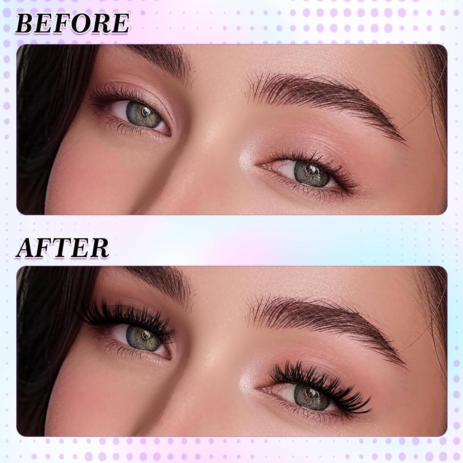 Vorher-und-Nachher-Nahaufnahme von Augen und Augenbrauen, die hinzugefügte dramatische künstliche Wimpern und vollere Wimpern auf dem „NACHHER