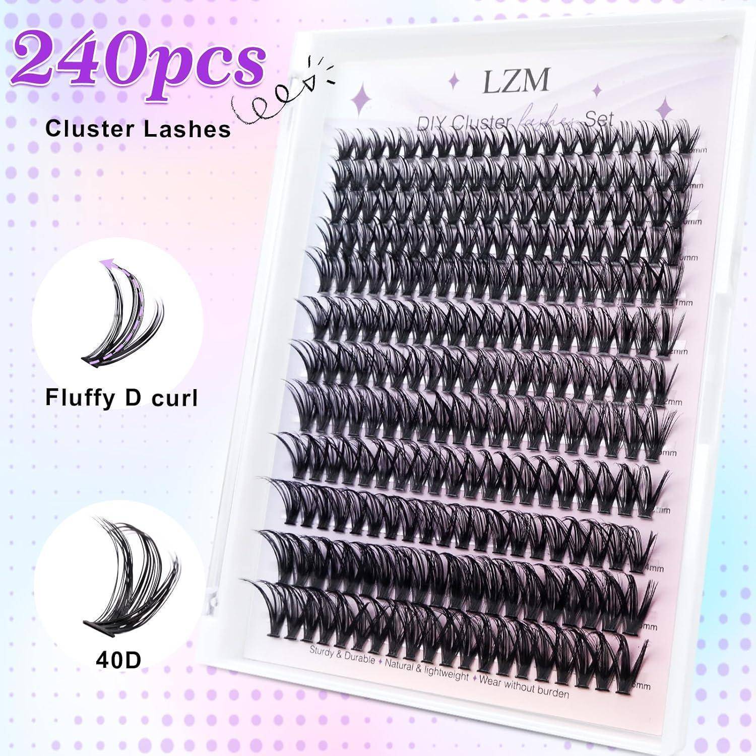 Paket mit 240er DIY-Cluster-Wimpern, zeigt fluffige D-Curl 40D-Kunstwimpern-Cluster auf einer Displaykarte.