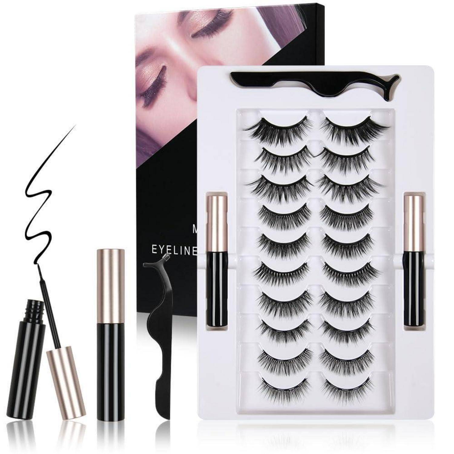 Falscher Wimpern Set mit mehreren Wimpernpaaren, zwei Mascara-Tuben im Tuschenstil und Wimpernapplikator in Markenverpackung.