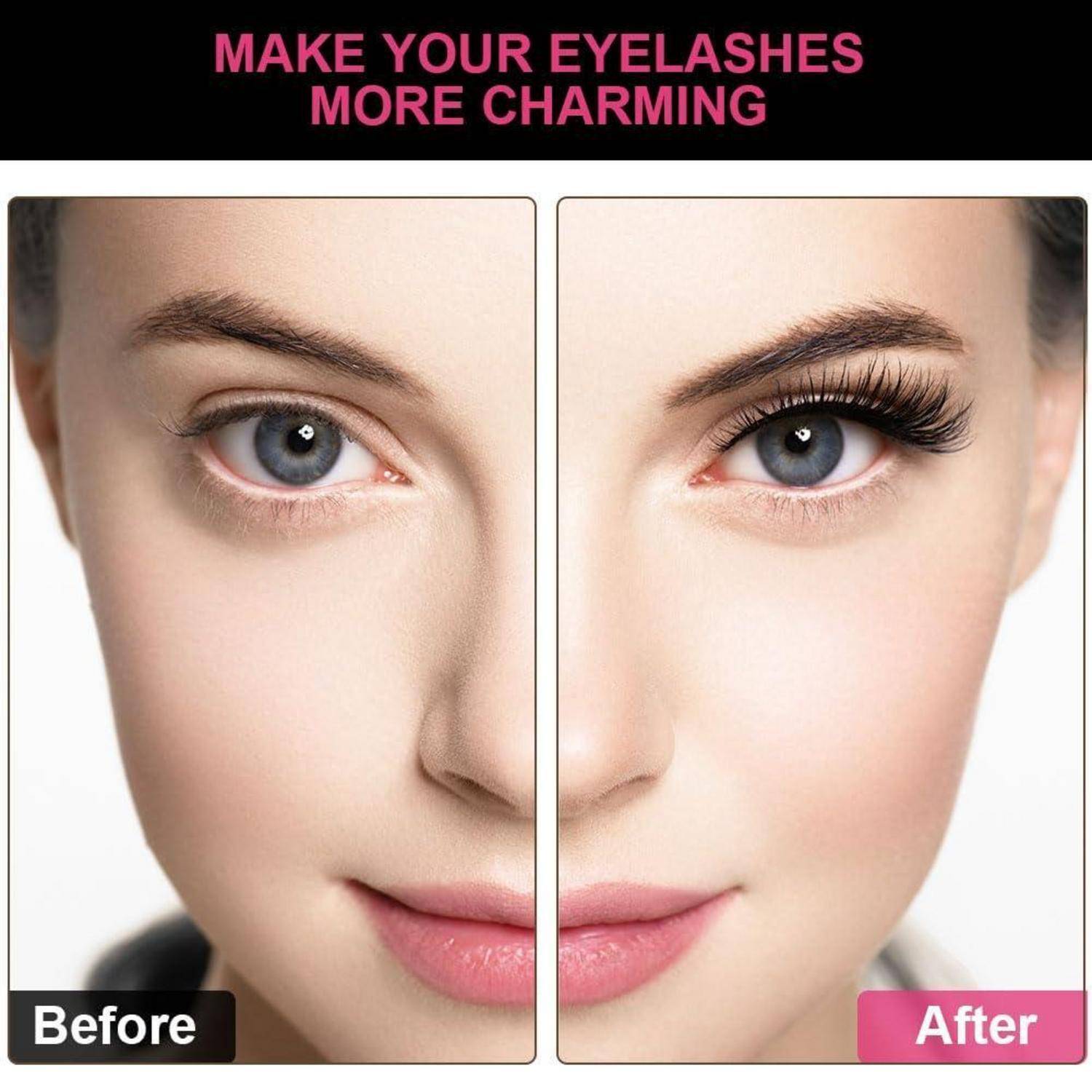 Vorher-Nachher-Nahaufnahme eines Frauengesichts, die eine Wimperntusche- oder Wimpernverlängerung zeigt; links sind spärliche Wimpern zu sehen, rechts vollere, längere Wimpern.