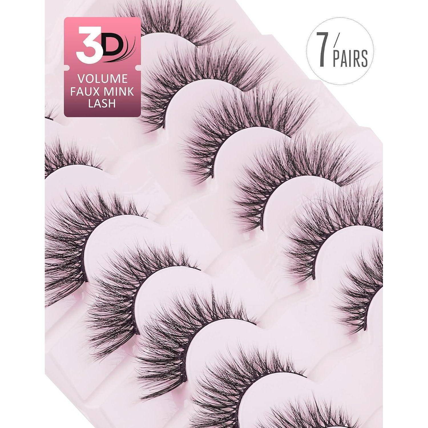 Packung mit 3D-Volumen-Kunstnerzwimpern, zeigt 7 Paar dramatische künstliche Wimpern auf rosa Hintergrund.
