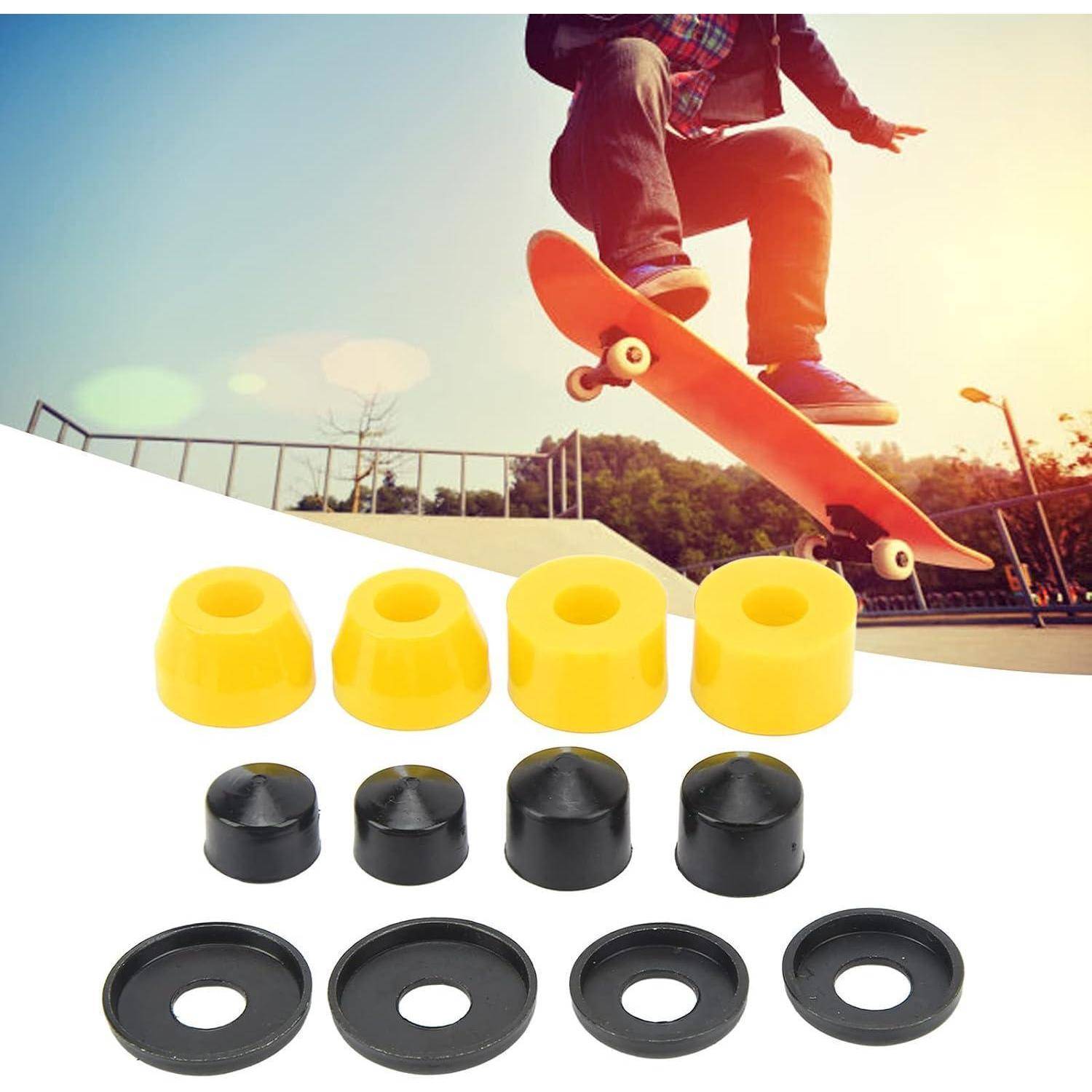 Skateboarder in der Luft auf einem Skatepark über vier gelben und vier schwarzen Bushings und vier schwarzen Unterlegscheiben, zeigt Ersatz-Skateboard-Hardware.