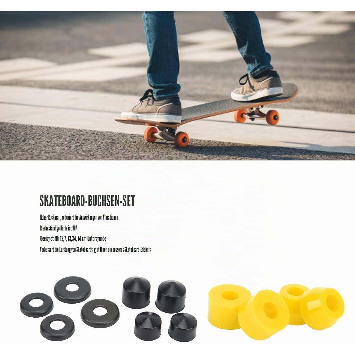 Produktwerbung mit einem Skateboard, das auf Asphalt fährt, über dem Titel „SKATEBOARD-BUCHSEN-SET