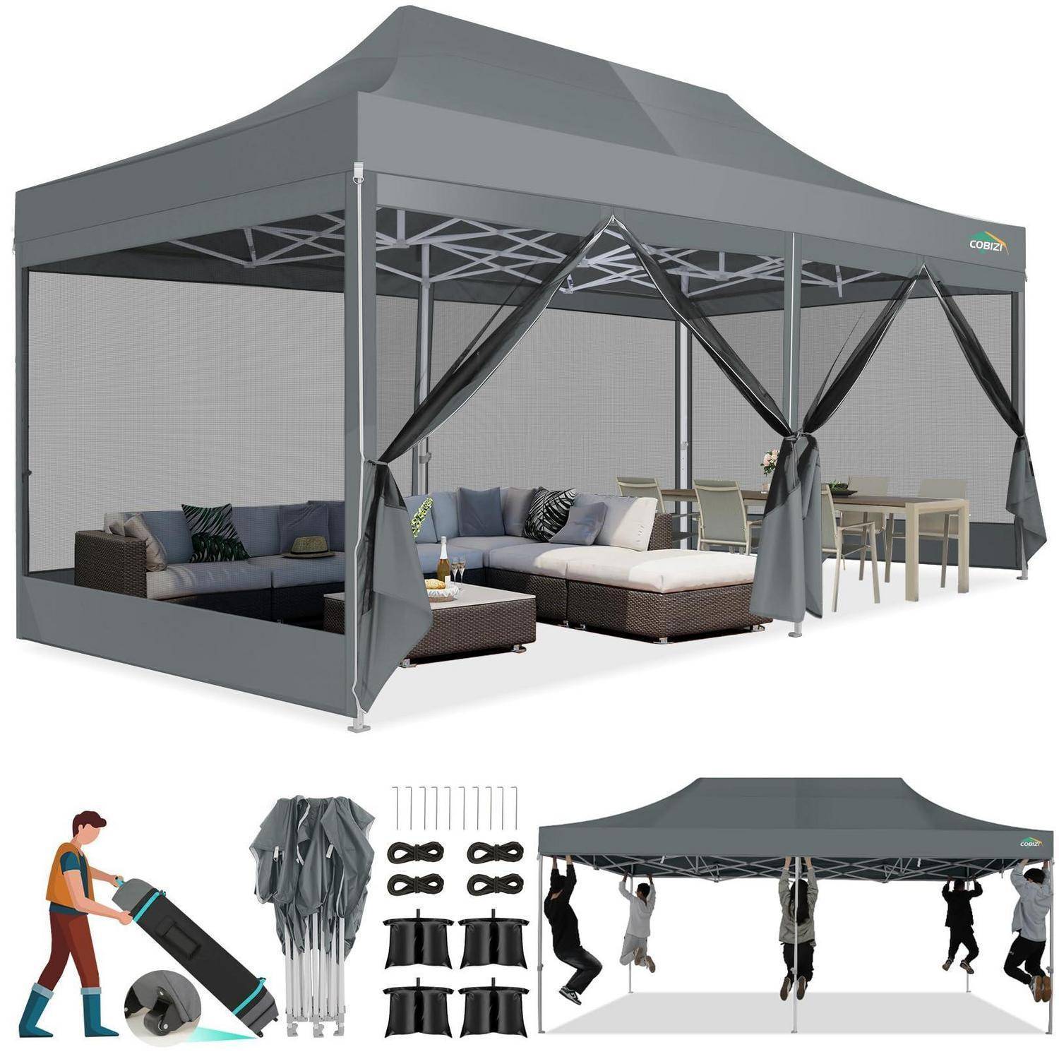 Outdoor-Popup-Gartenpavillon mit Sitzecke und Essbereich; eingefügte Bilder zeigen den zusammengeklappten Pavillon in einer Tragetasche und mehrere Personen, die sich am Rahmen hängen, um die Stabilität zu demonstrieren.