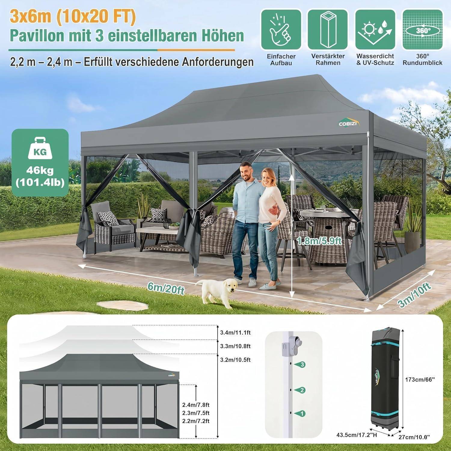 Werbebild einer 3x6 m großen grauen Gazebo-Markise mit verstellbaren Höhen; zeigt zwei Personen im Inneren, Abmessungen, 46 kg Gewicht und Aufbaumerkmale.