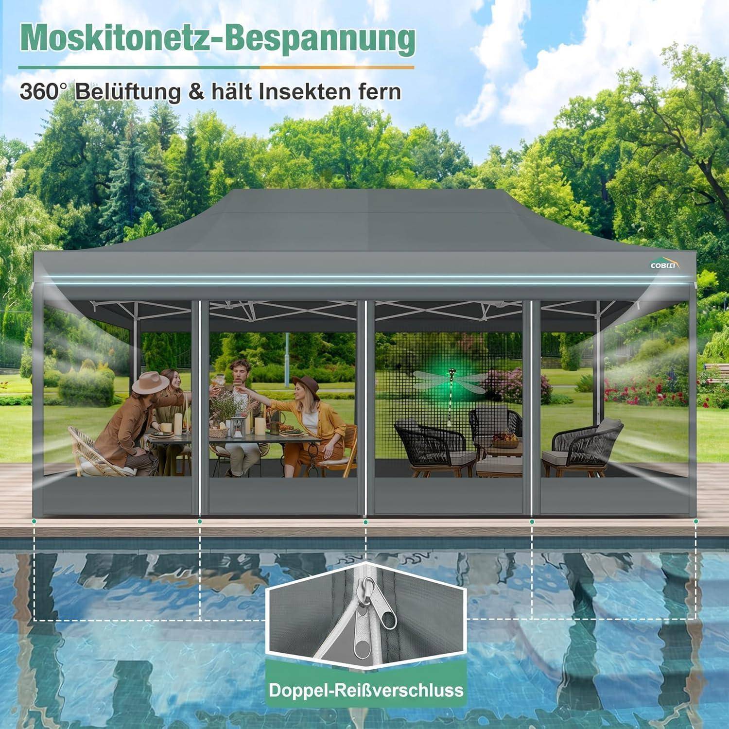 Gartenlaube im Freien mit Moskitonetz, das Insekten fernhält; Deutscher Text lautet „Moskitonetz-Bespannung", „360° Belüftung & hält Insekten fern"" und „Doppel-Reißverschluss"".