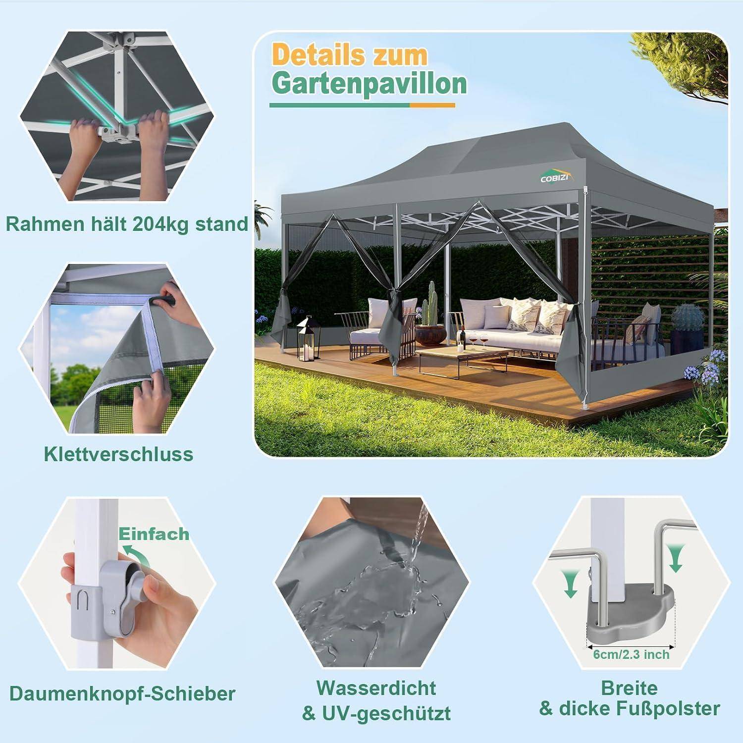 Infografik eines Gartenpavillon-Zelts mit folgenden Merkmalen: 204 kg stabiler Rahmen, Reißverschlussschluss, Daumenschieber-Verriegelung, wasserdichtes und UV-geschütztes Material und breite Fußpolster von 6 cm/2,3 Zoll.