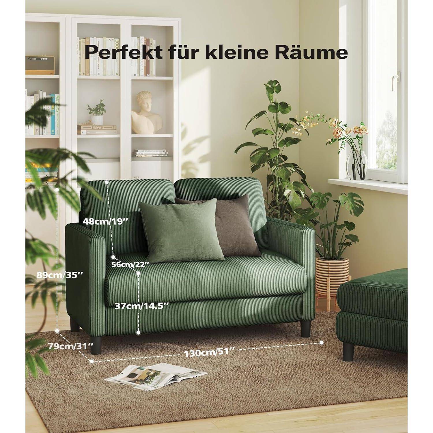 Grünes zweisitziges Sofa in einem hellen Wohnzimmer, mit der Bezeichnung 