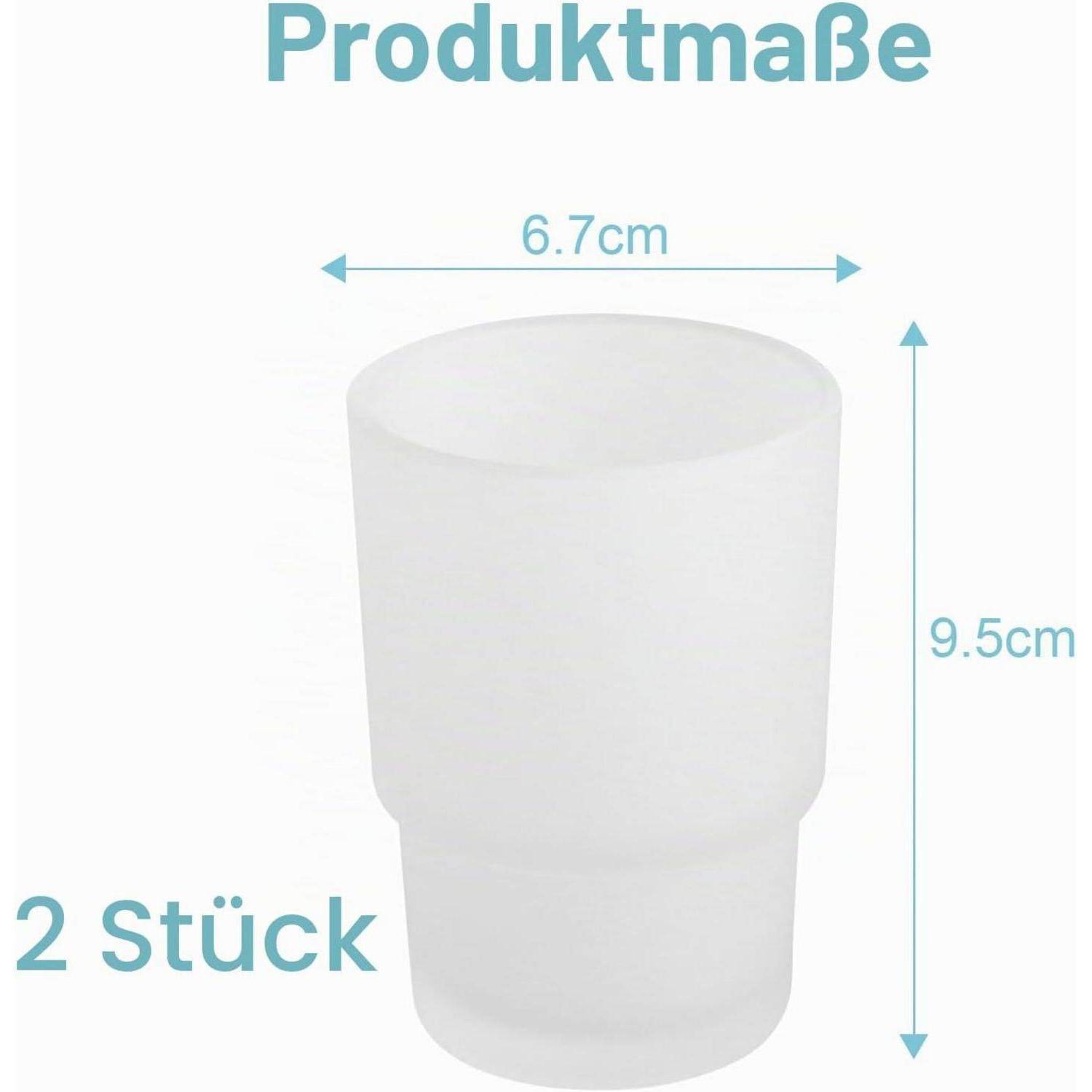 Produktgrößen-Diagramm eines mattweißen Bechers oder Behälters, beschriftet mit 6,7 cm breit und 9,5 cm hoch; enthält „2 Stück