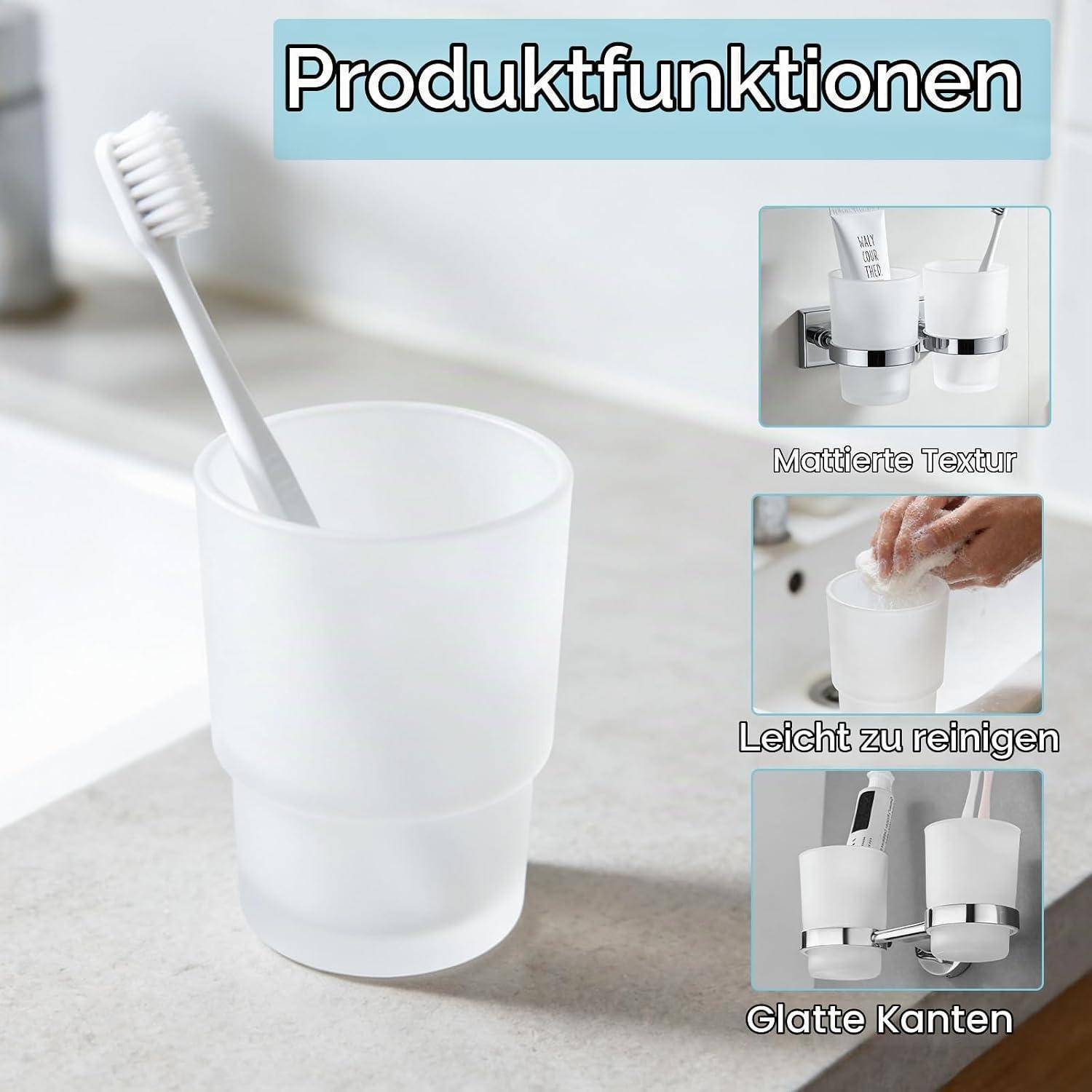 Produktfunktionen-Grafik mit einem matten weißen Badezimmerglas mit Zahnbürste und Nahaufnahmen, die die matte Textur, einfache Reinigung und glatte Kanten hervorheben.