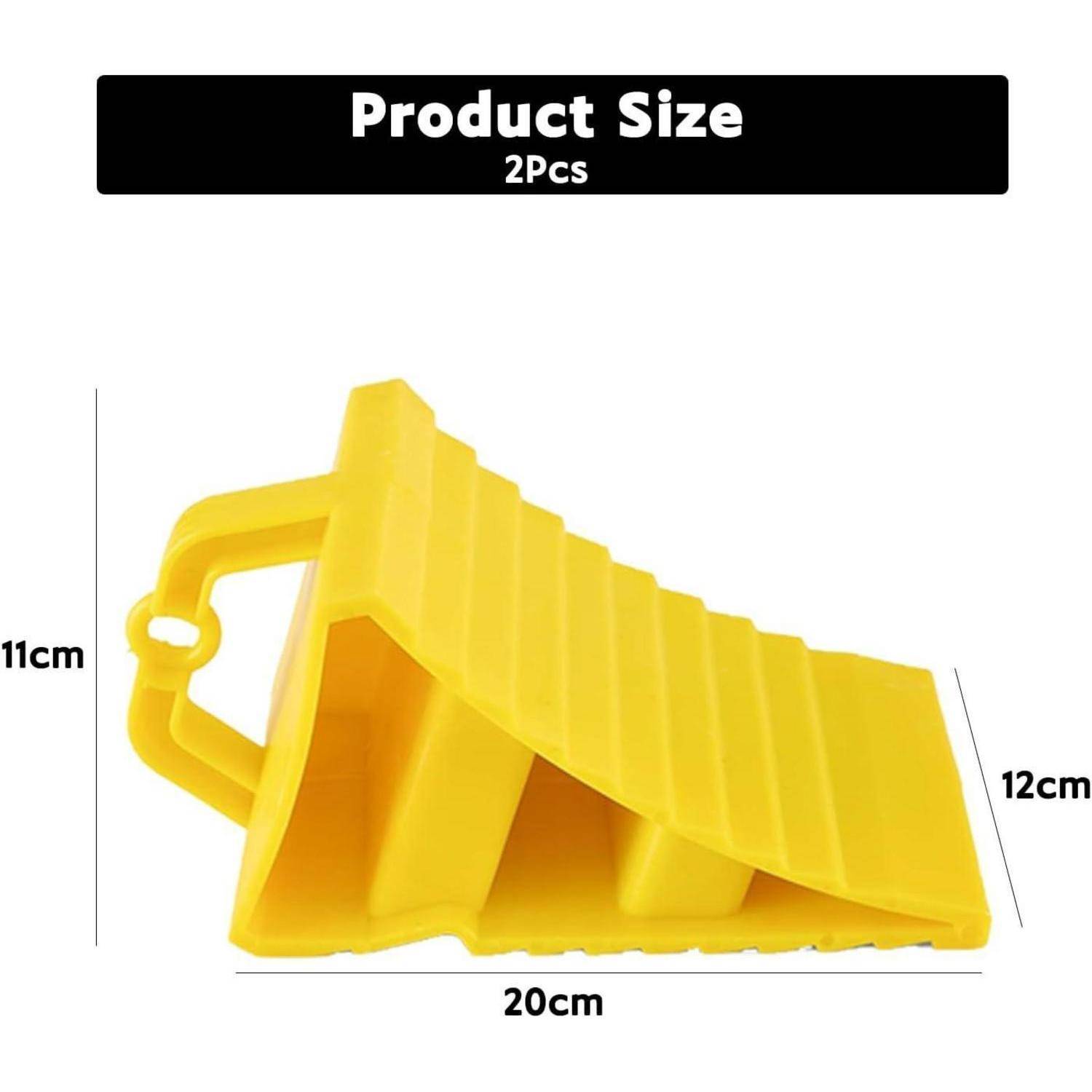 Produktgrößendiagramm für 2 Stück mit einem gelben keilförmigen Werkzeug: 20 cm lang, 12 cm breit, 11 cm hoch.