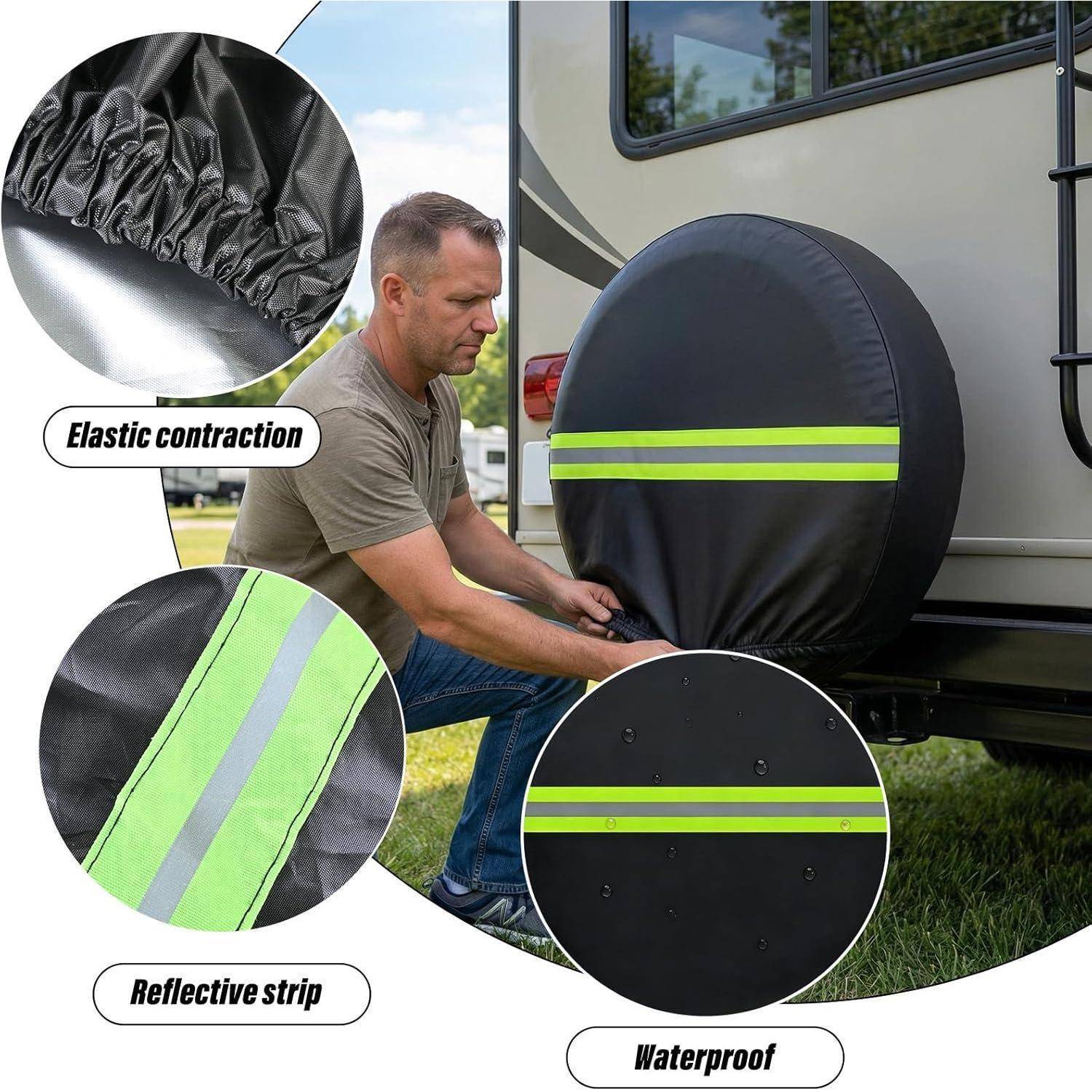 Mann installiert eine wasserdichte Wohnmobil-Ersatzreifenabdeckung mit reflektierendem Streifen; Detailaufnahmen zeigen die elastische Kontraktion, das reflektierende Material und die wasserdichte Konstruktion.