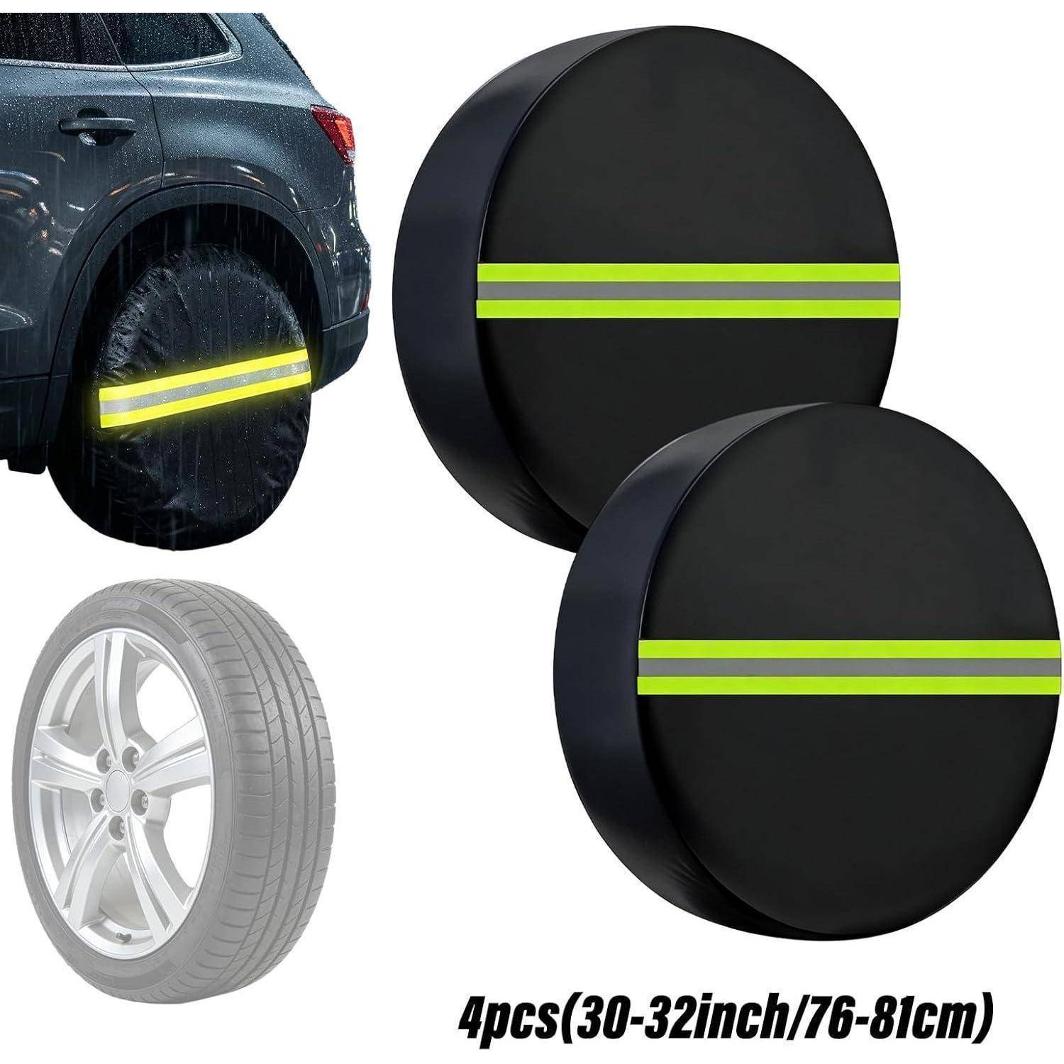Vier schwarze reflektierende Reifenabdeckungen mit neonagelben Streifen, gezeigt auf einem Fahrzeugrad und einem separaten Reifen, beschriftet mit „4er-Set (30-32 Zoll/76-81 cm)".