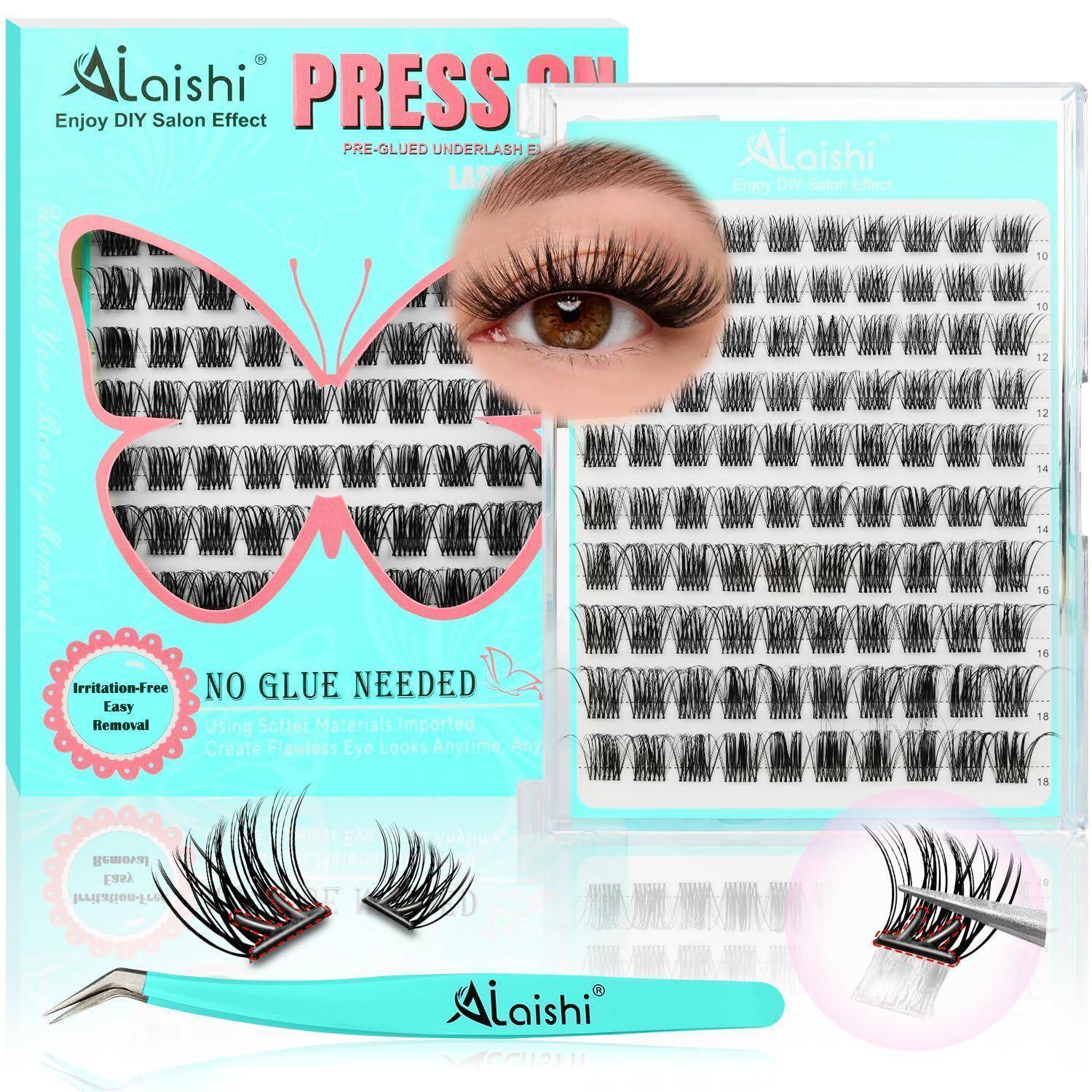 Produktbild von Aigishi Press-on-Wimpern, das vorgeklebte Wimpernstreifen, ein Auge mit aufgetragenen Wimpern, eine Pinzette und Text 