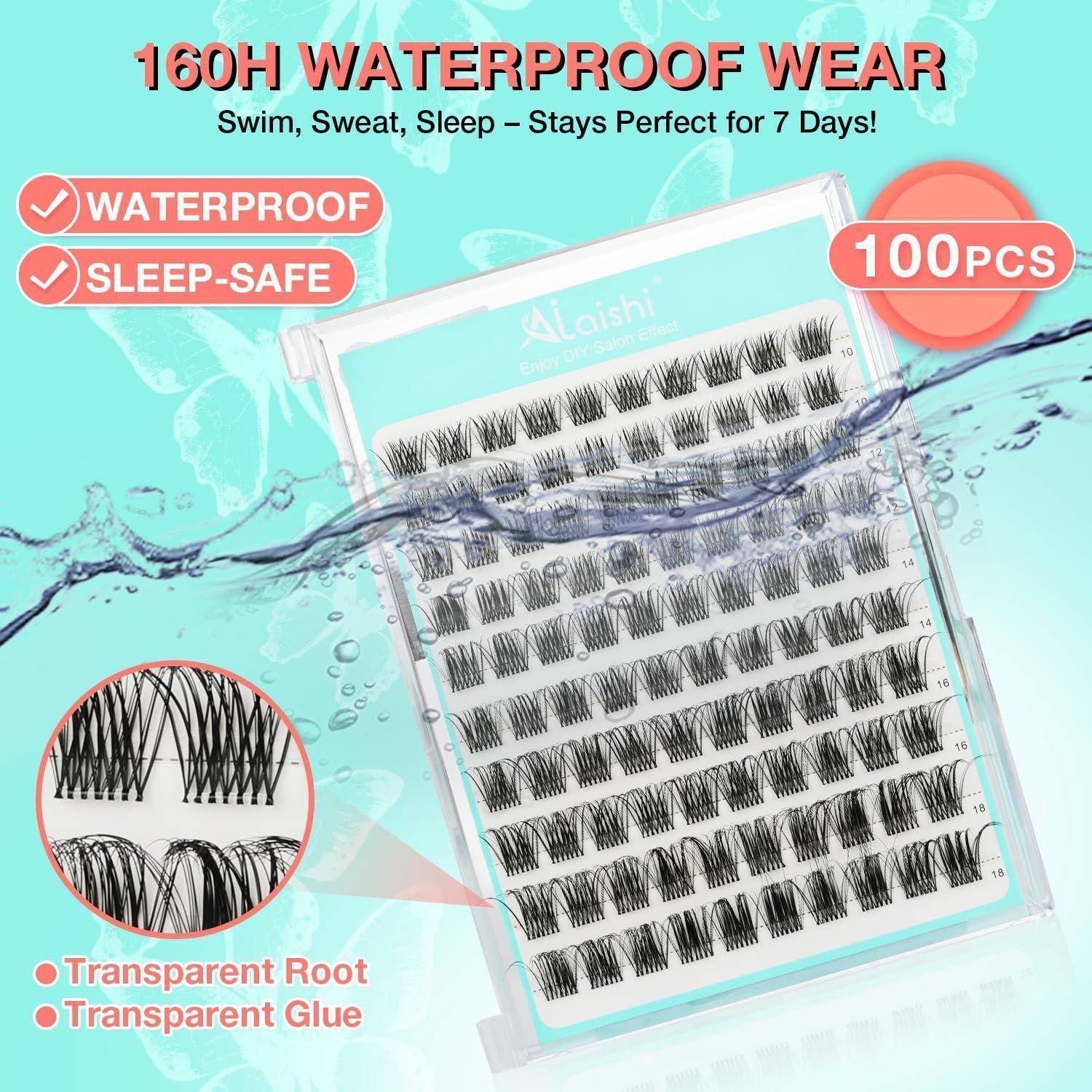 Angebot für 100 wasserfeste, schlafverträgliche künstliche Wimpernstücke in einer durchsichtigen Box, mit 160H wasserfestem Tragtext und Nahaufnahmen, die transparente Wurzeln und Kleber zeigen.