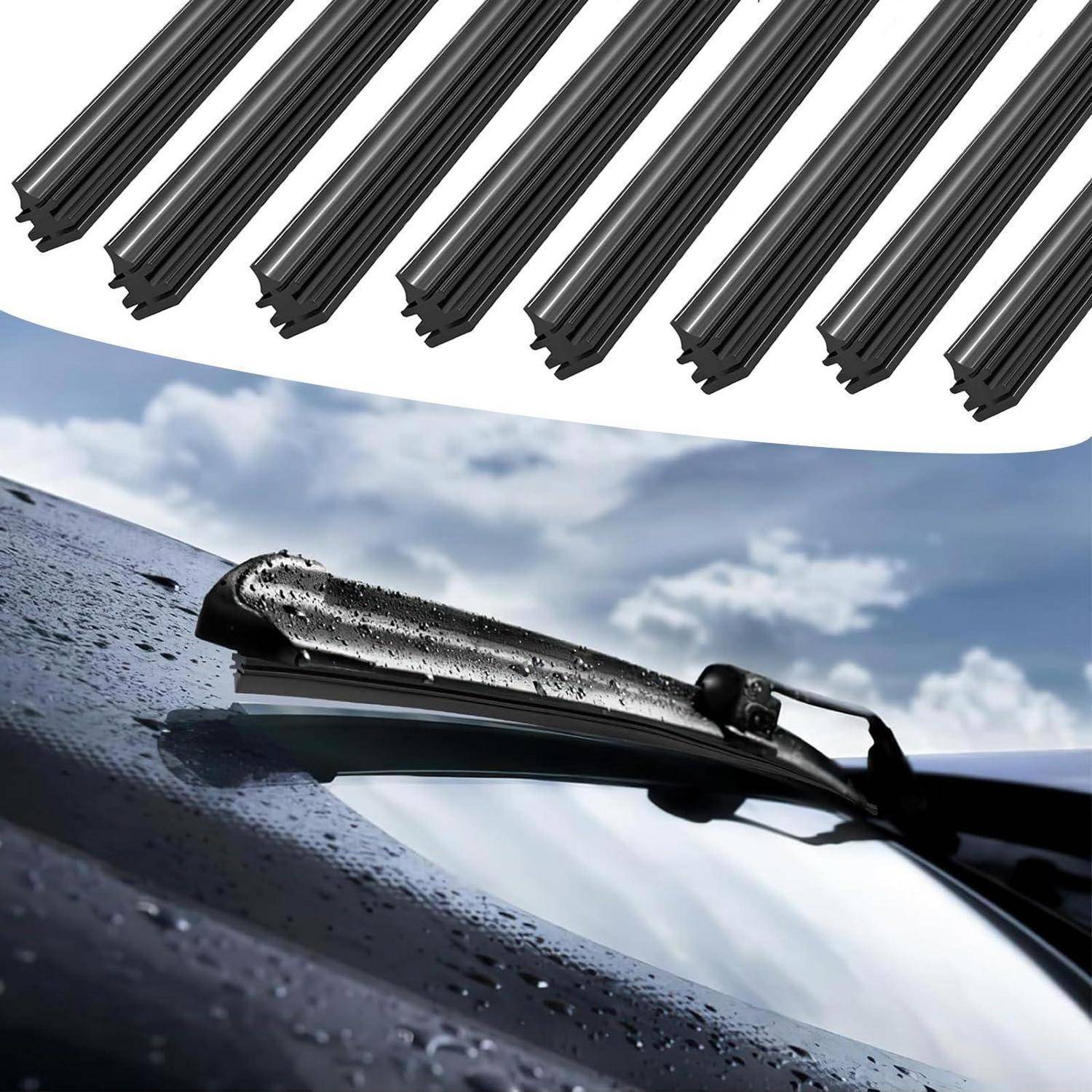 Scheibenwischerblatt eines Autos mit mehreren austauschbaren Gummieinsätzen oben, das ein regenfegerndes Autoteil hervorhebt.