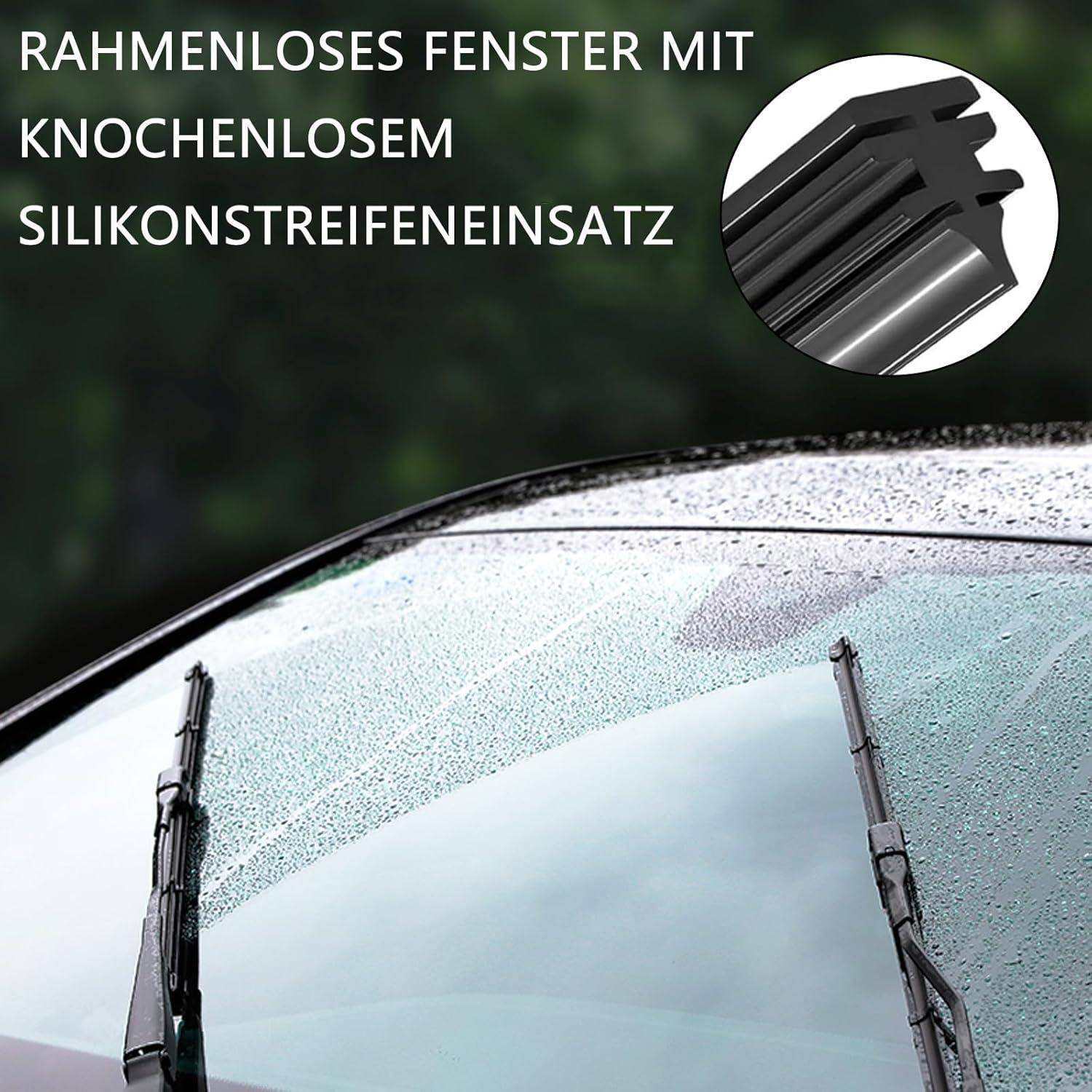 Regennasser Autofenster mit Wischern und Nahaufnahme eines rahmenlosen Fensterabdichtungsstreifens; Text lautet „RAHMENLOSES FENSTER MIT KNOCHENLOSEM SILIKONSTREIFENEINSATZ