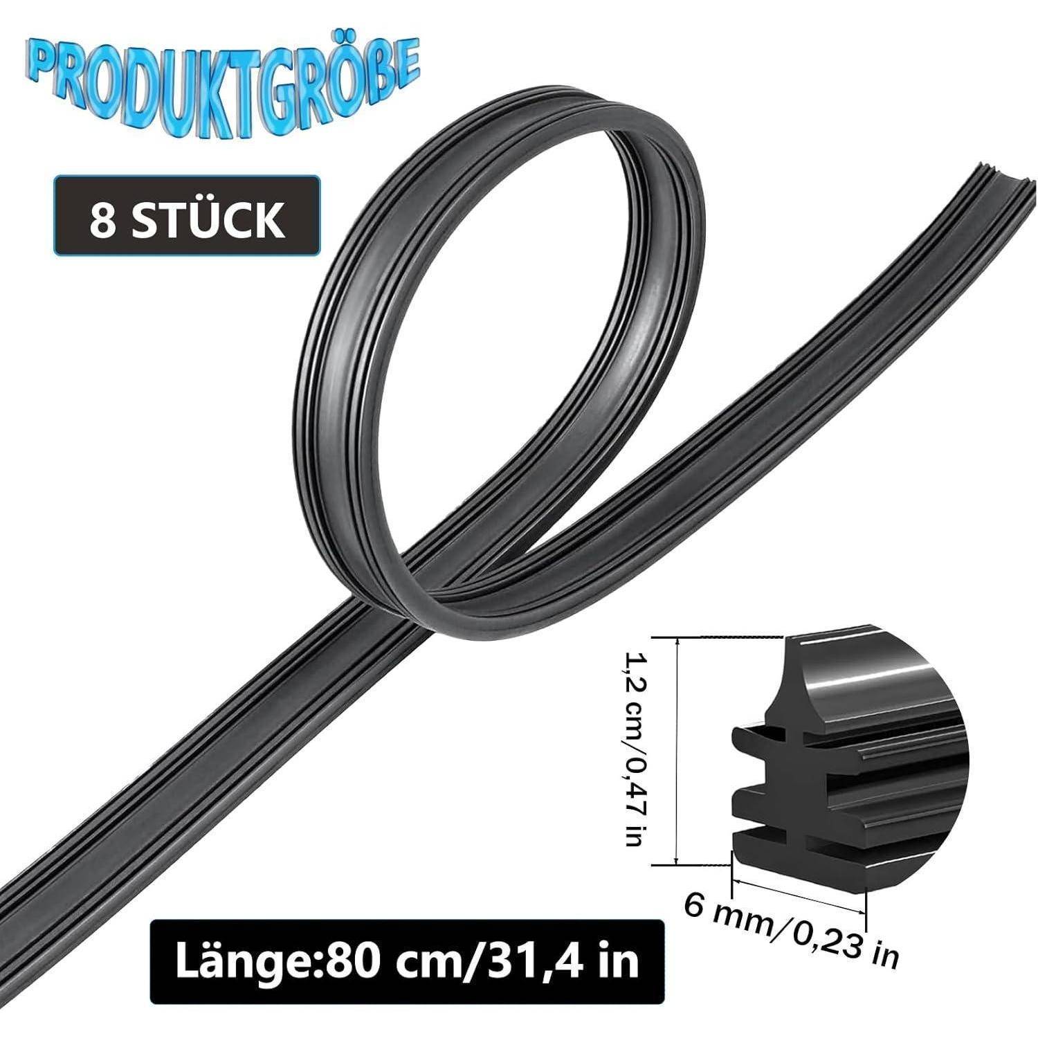 # Bilder von 8 schwarzen Scheibenwischern, Länge 80 cm (31,4 Zoll), mit einer Nahaufnahme des 12 mm x 6 mm Profils und Produktgrößentext in Deutscher Sprache.