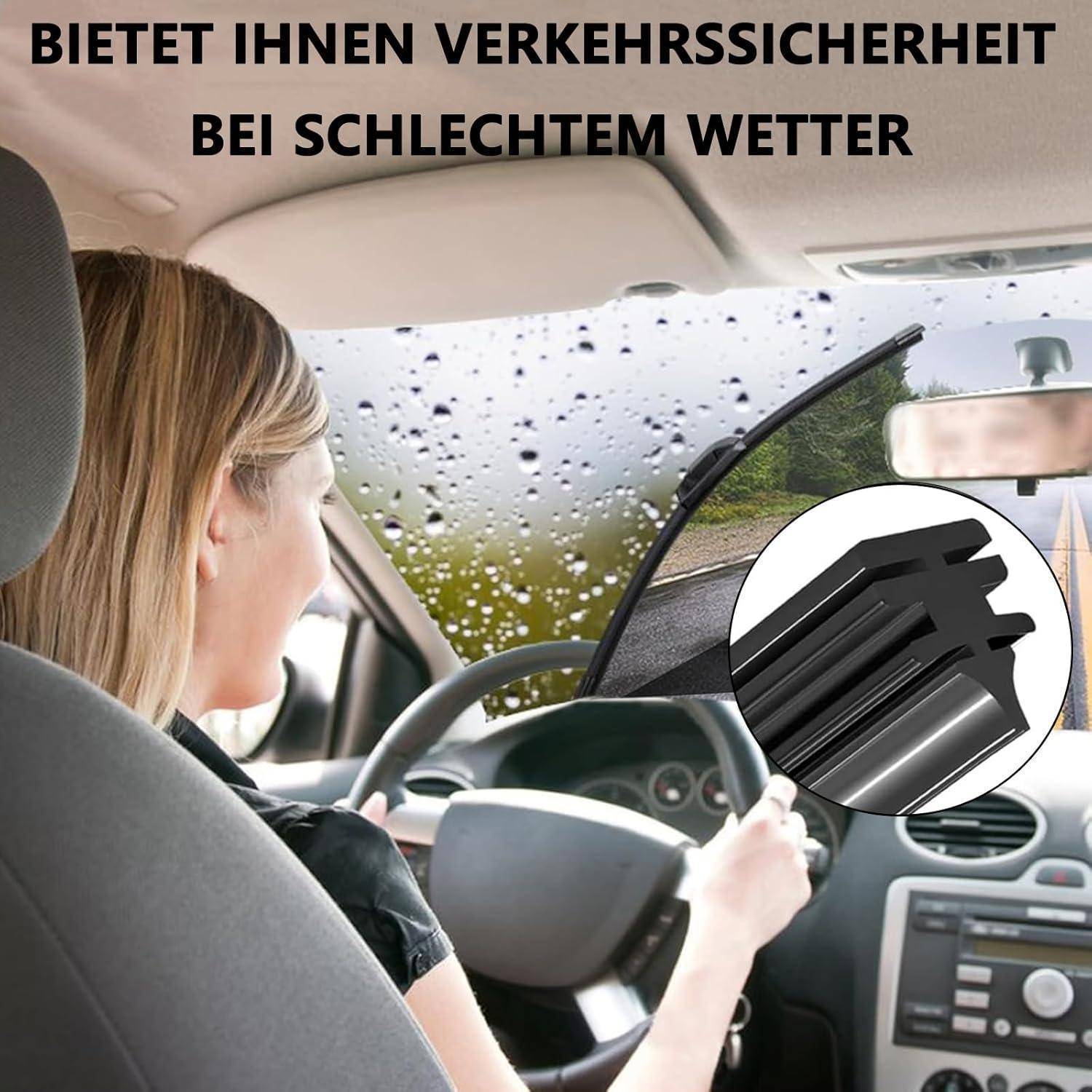 Frau fährt ein Auto im Regen mit Scheibenwischern und Regentropfen auf der Scheibe; Text sagt „Bietet Ihnen Verkehrssicherheit bei schlechtem Wetter