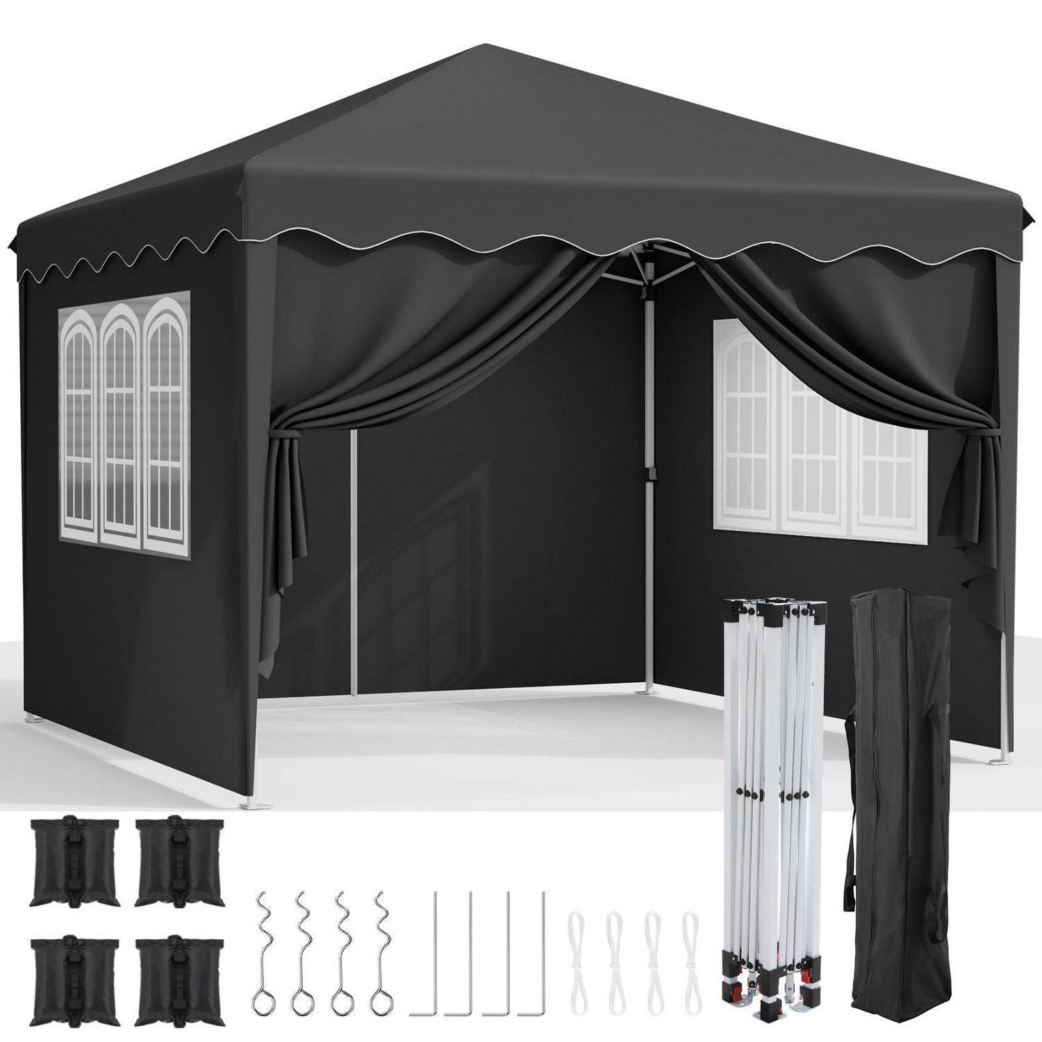 Schwarze Outdoor-Gartenpavillon-Markise mit gewelltem Dach, Seitengardinen und gewölbten Fensterpaneelen; inklusive Pfosten, Heringe, Seile und Tragetasche.