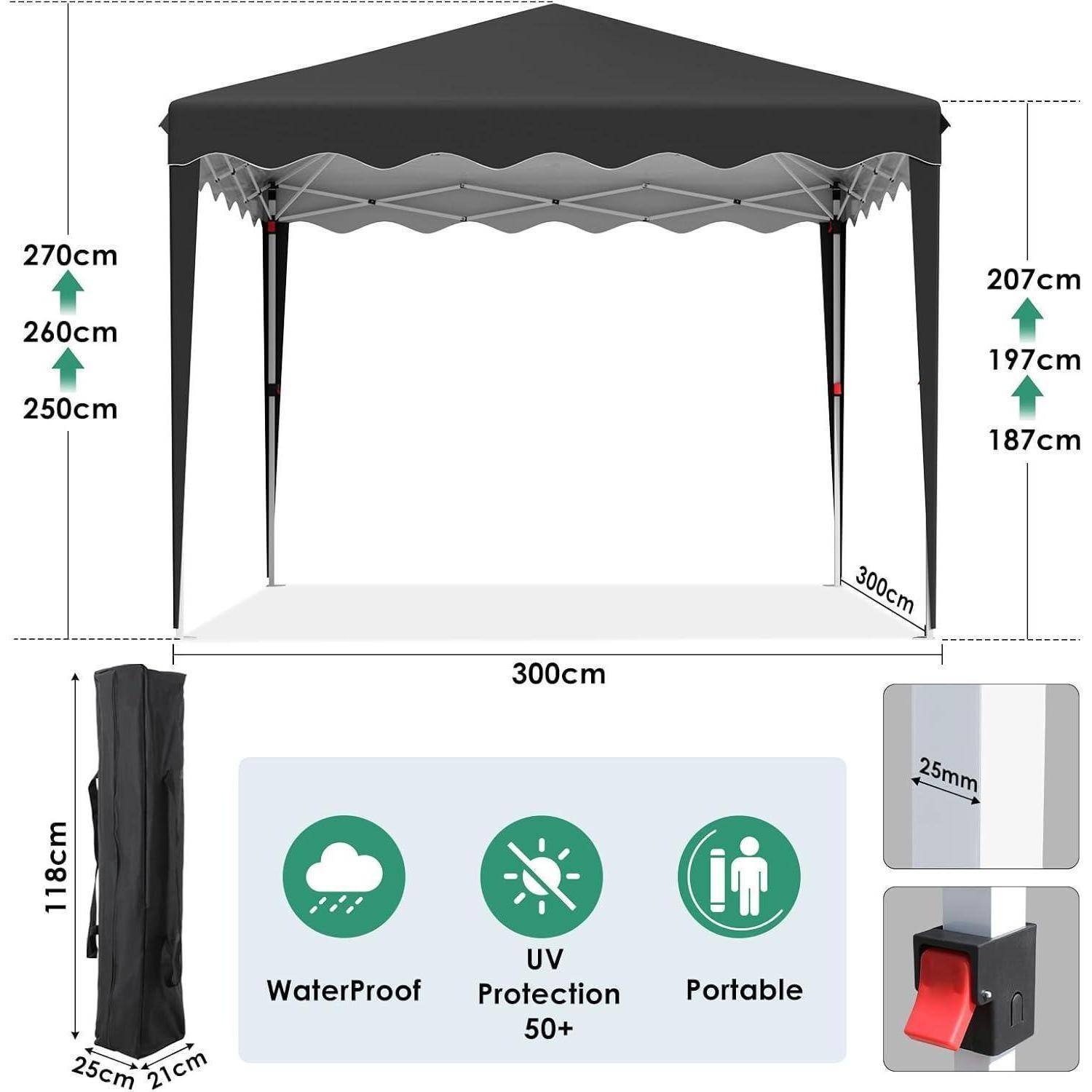 Diagramm eines 3m x 3m schwarzen Pop-up-Baldachins mit verstellbaren Höhen, Tragetasche und Features: wasserdicht, UV-Schutz 50+, tragbar.