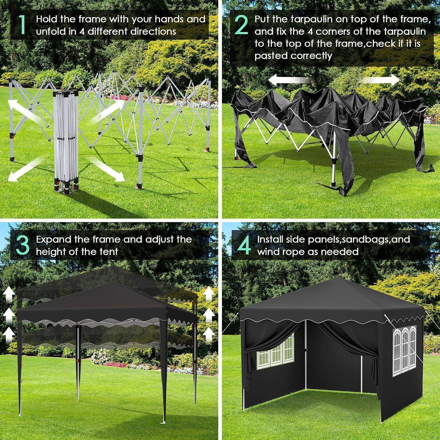 Vierschrittiges Anleitungsgraphik zum Zusammenbau eines Pop-Up-Baldachins mit Plane, Seitenpaneelen und Windseilen.