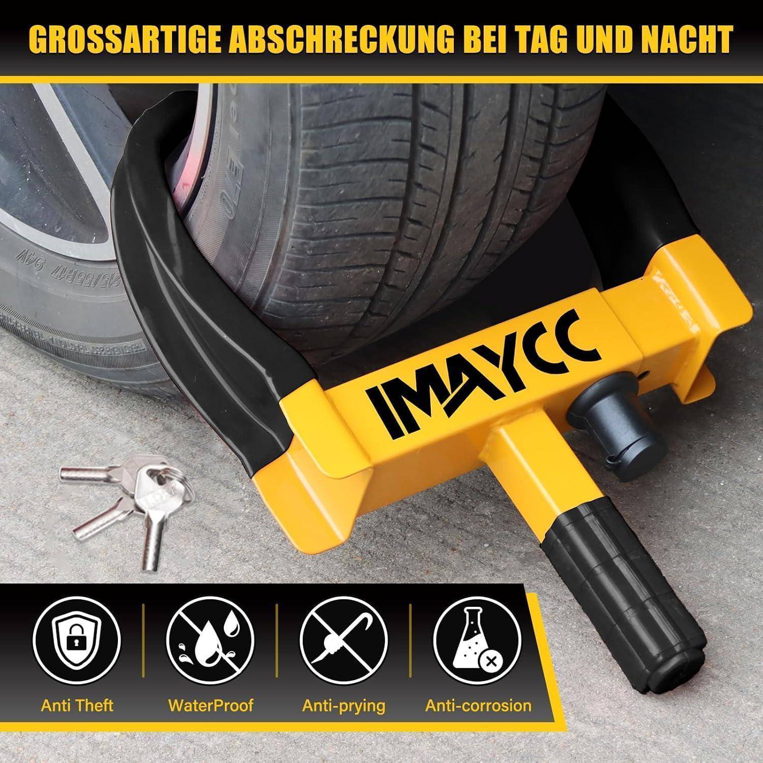 Gelbe und schwarze Radkralle auf einem Autoreifen mit Schlüsseln daneben, die Anti-Diebstahl-, wasserdichte, manipulationssichere und korrosionsbeständige Eigenschaften bewirbt.