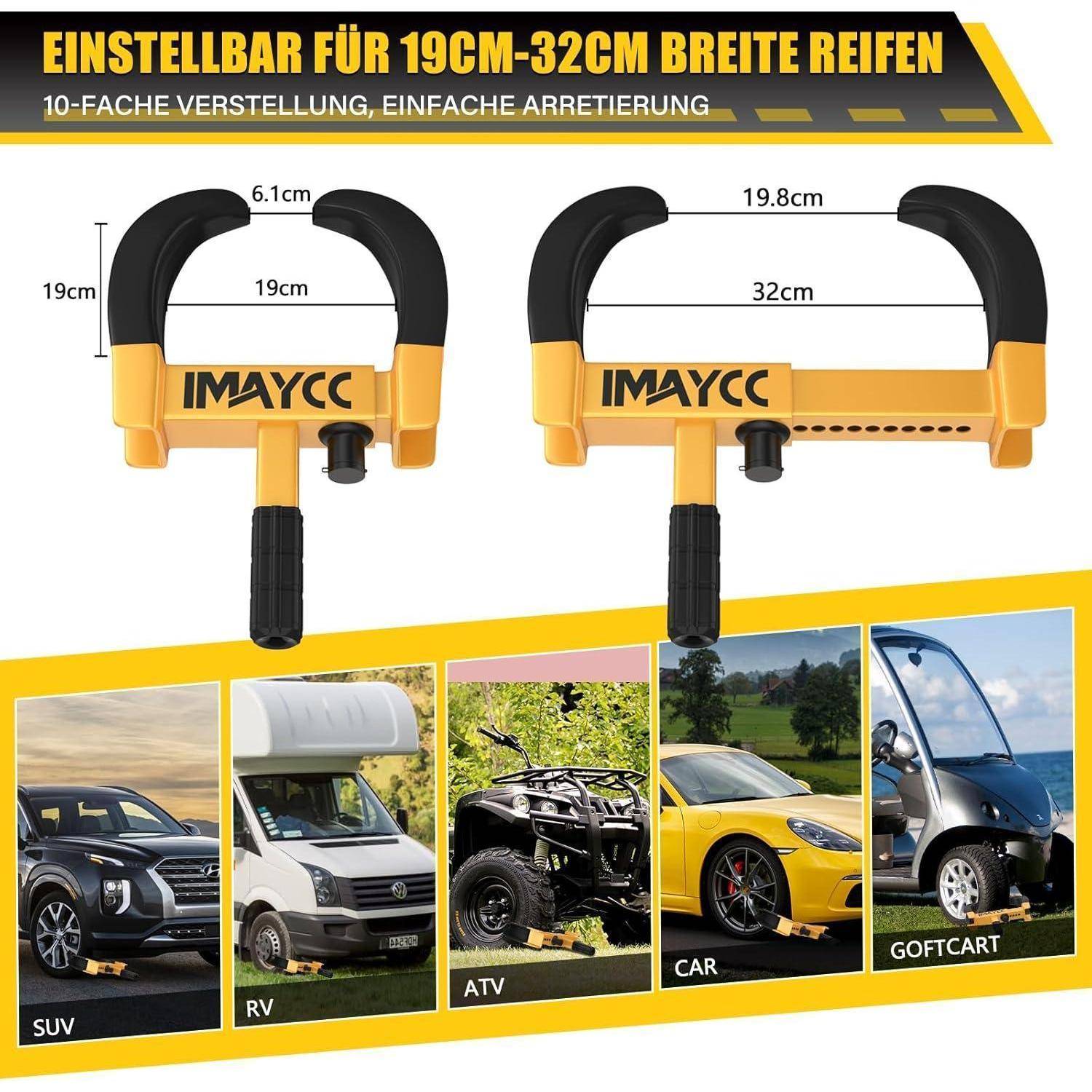 Verstellbare Klemme für Reifenbreiten 19-32 cm, gezeigt auf SUV, Wohnmobil, ATV, Auto und Golfwagen; deutscher Text besagt „verstellbar für 19 cm bis 32 cm breite Reifen